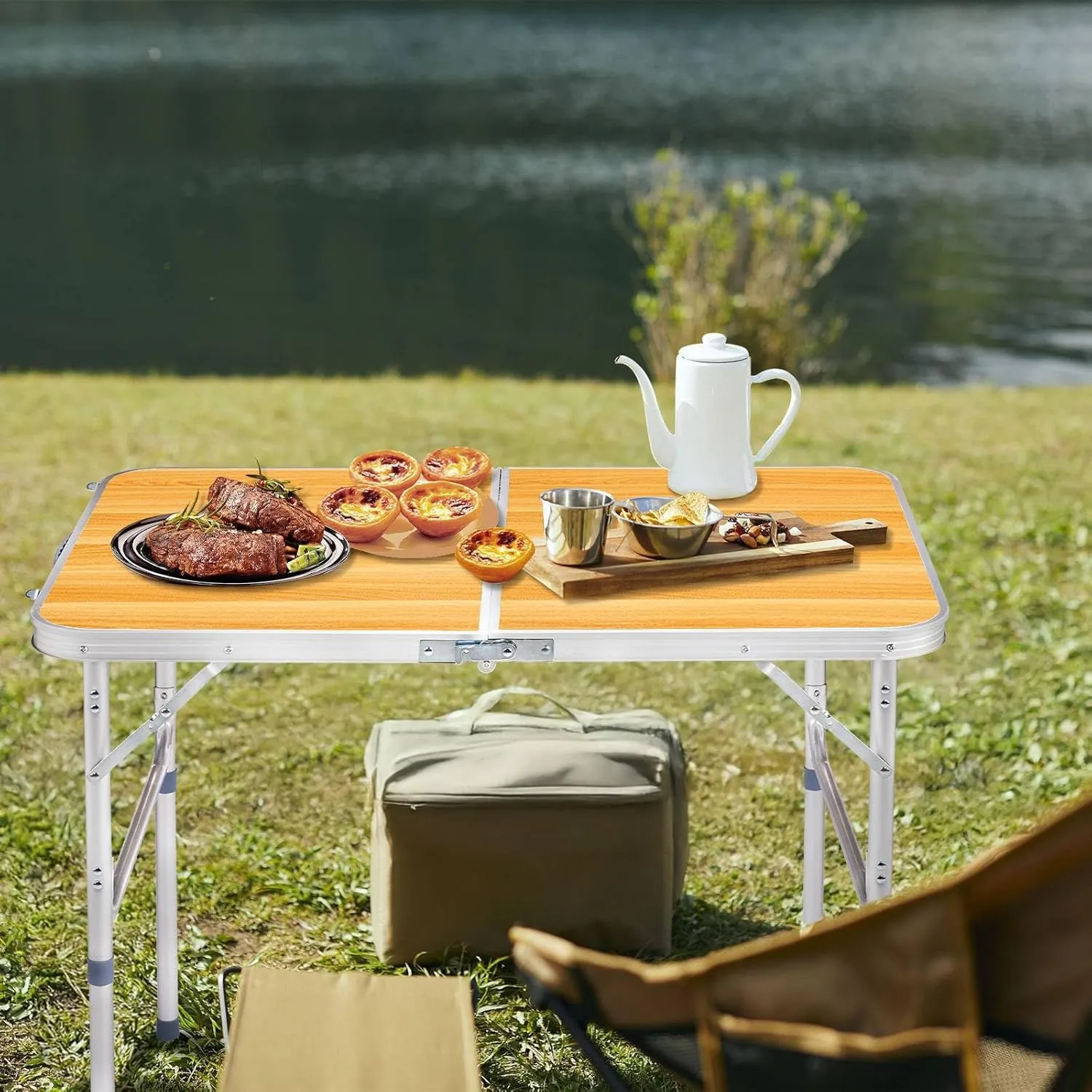 3ft Outdoor Folding Table, Portable Rectangular Dining Tables with Ergonomic Carry Handle, Aluminum Alloy Multipurpose Beach Tables for Patio Party, Load Bearing Capacity 70LBS (Wood Grain Color)