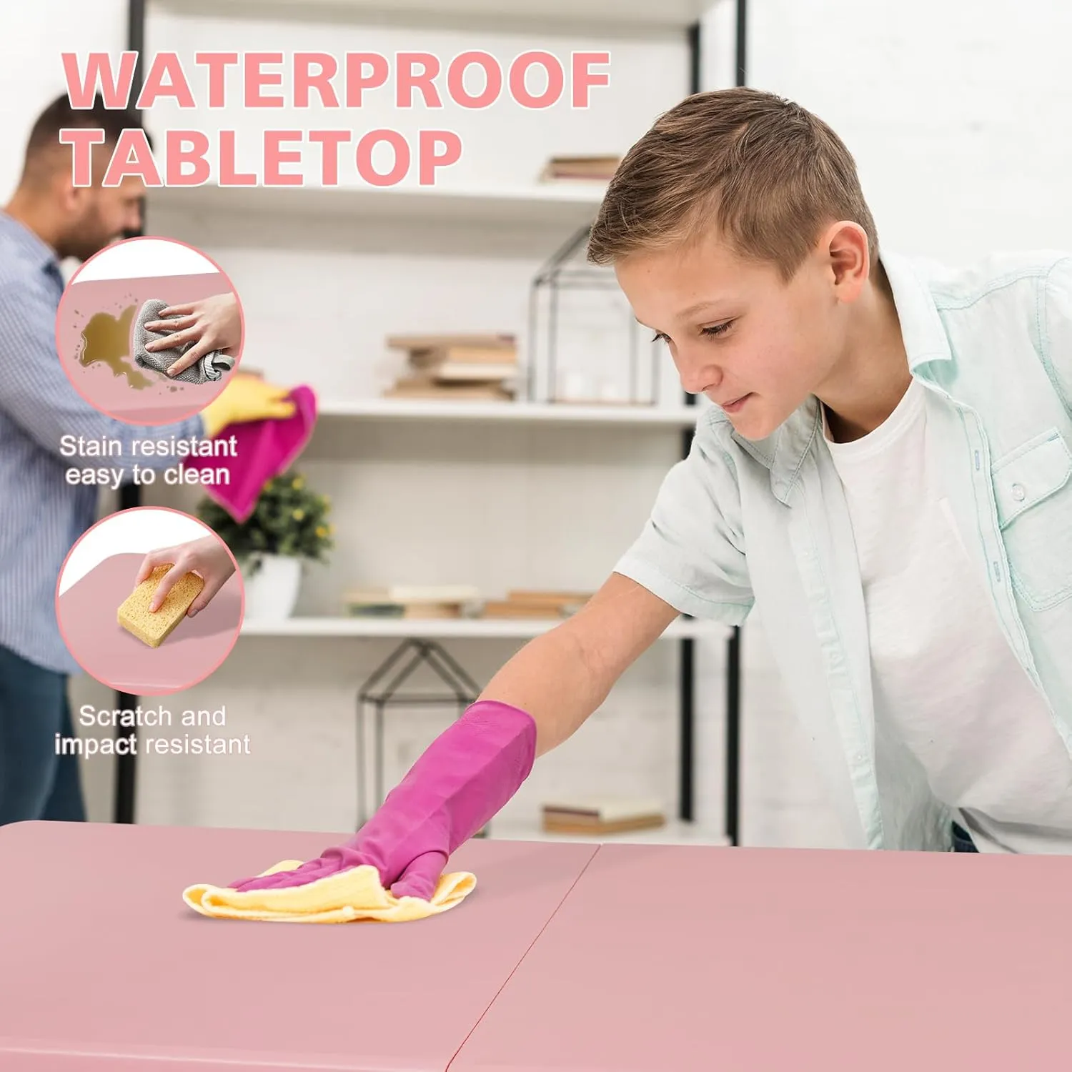 4 FT Folding Table with Carry Handle, Portable Fold-in-Half Plastic Table, Rectangle Foldable Table for Indoor/Outdoor Pink