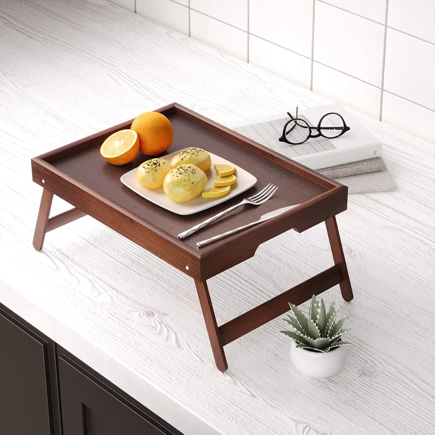 4 Pack Bamboo Bed Tray Table with Folding Legs,Breakfast Trays,Serving Tray for Food and Snack,Laptop Trays for Working(Brown)