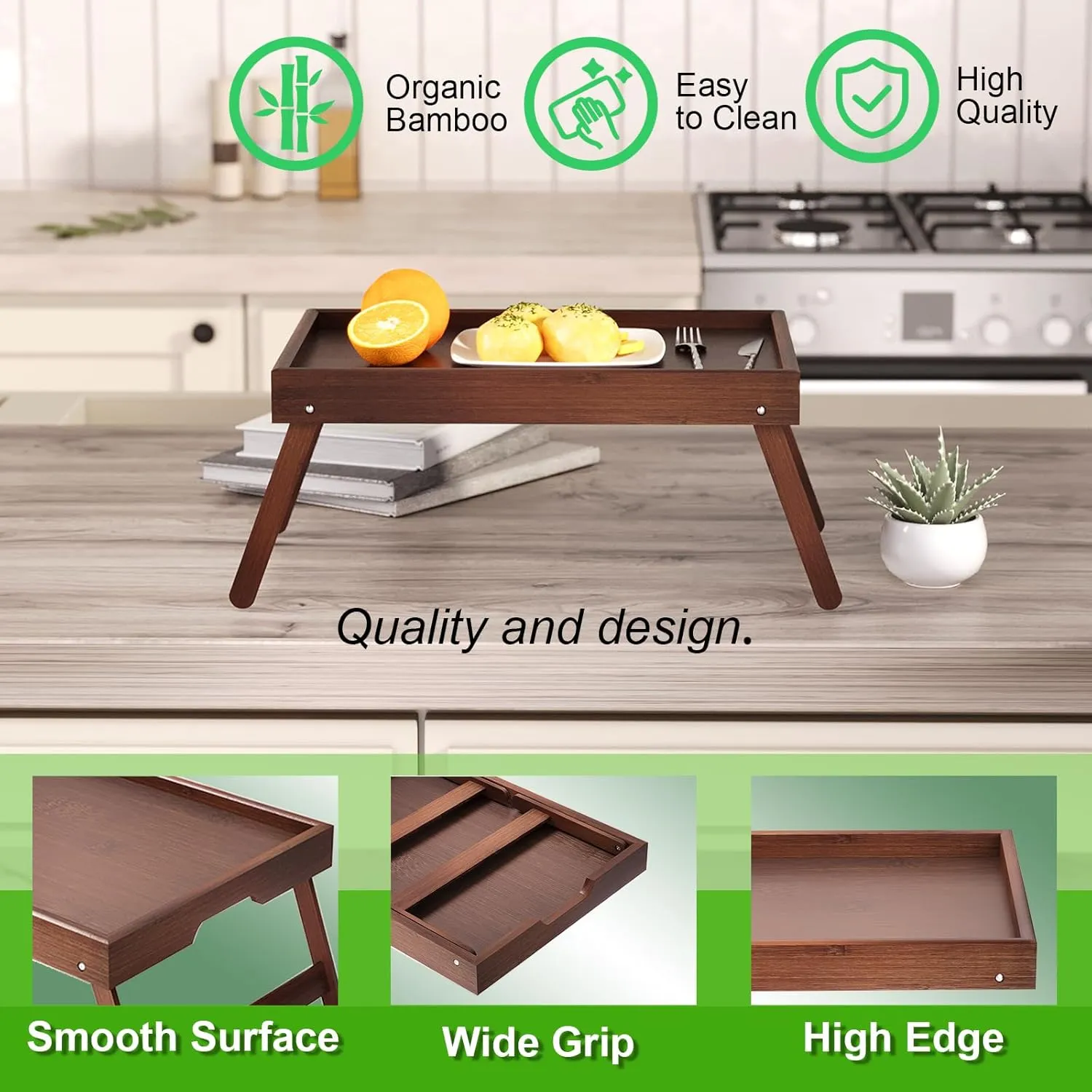 4 Pack Bamboo Bed Tray Table with Folding Legs,Breakfast Trays,Serving Tray for Food and Snack,Laptop Trays for Working(Brown)