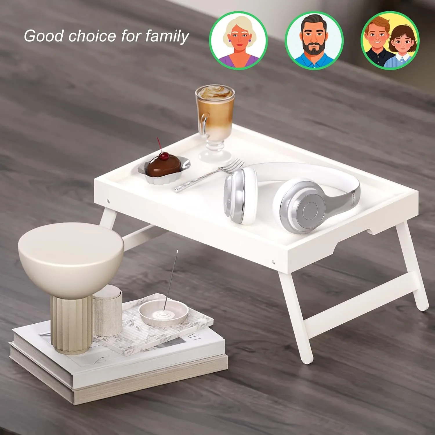 4 Pack Bamboo Bed Tray Table with Folding Legs,Breakfast Trays,Serving Tray for Food and Snack,Laptop Trays for Working(White)