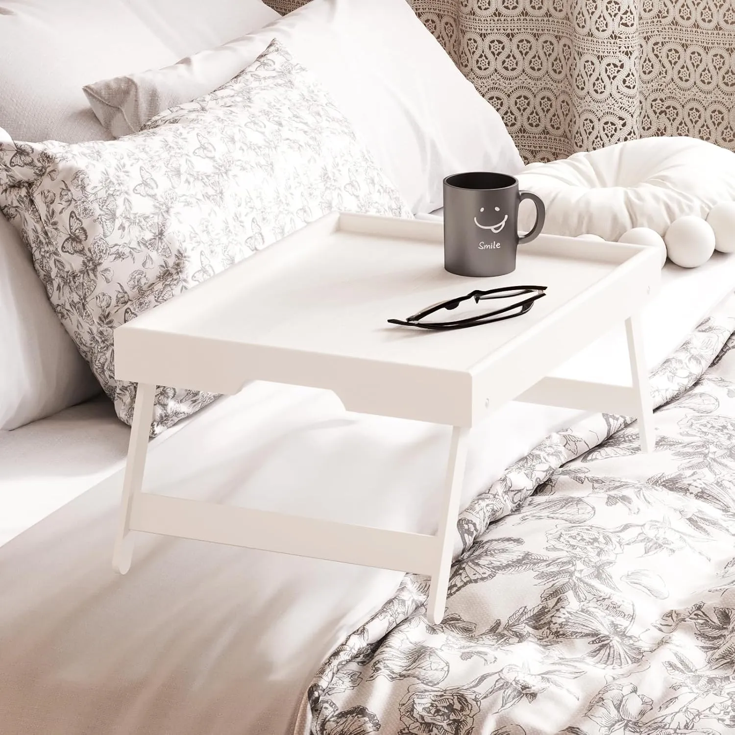 4 Pack Bamboo Bed Tray Table with Folding Legs,Breakfast Trays,Serving Tray for Food and Snack,Laptop Trays for Working(White)