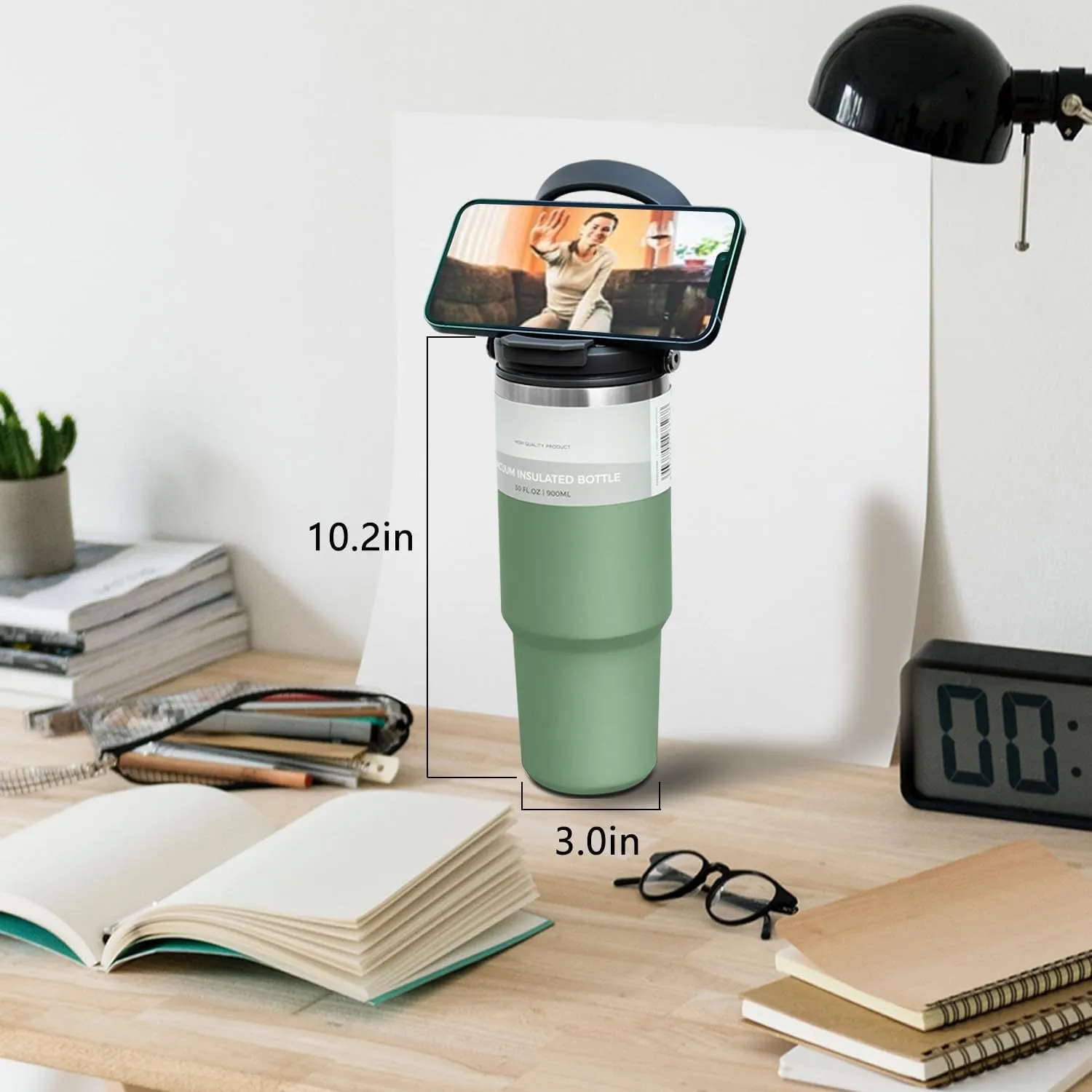 40 oz Insulated Tumbler with Handle and Straw, 2-in-1 Lid, Vacuum Double Walled Stainless Steel Leak Proof Water Bottle Large Travel Mug Coffee Cup, Keeps Hot for 12 Hours Cold for 24 Hours, Green