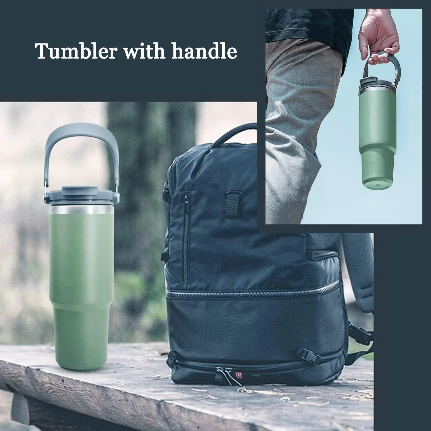 40 oz Insulated Tumbler with Handle and Straw, 2-in-1 Lid, Vacuum Double Walled Stainless Steel Leak Proof Water Bottle Large Travel Mug Coffee Cup, Keeps Hot for 12 Hours Cold for 24 Hours, Green