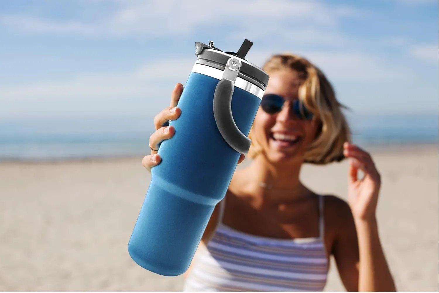 40 oz Tumbler with Handle, Insulated Tumbler with 2-in-1 Lid and Straw, Vacuum Double Walled Stainless Steel Leak Proof Water Bottle Large Coffee Cup Travel Mug, Keep Cold and Hot, Blue