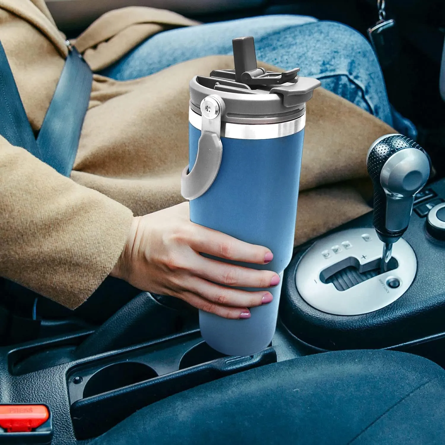 40 oz Tumbler with Handle, Insulated Tumbler with 2-in-1 Lid and Straw, Vacuum Double Walled Stainless Steel Leak Proof Water Bottle Large Coffee Cup Travel Mug, Keep Cold and Hot, Blue