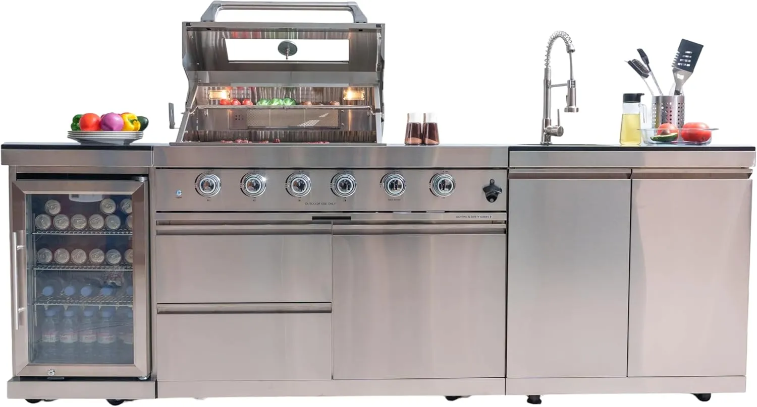 46" 4-Burner 72,000 BTU Deluxe Stainless Steel Gas Outdoor Kitchen Island Grill with Wine Cooler, Compact Refrigerator, Rotisserie, Granite Countertops & Storage Cabinets, Silver