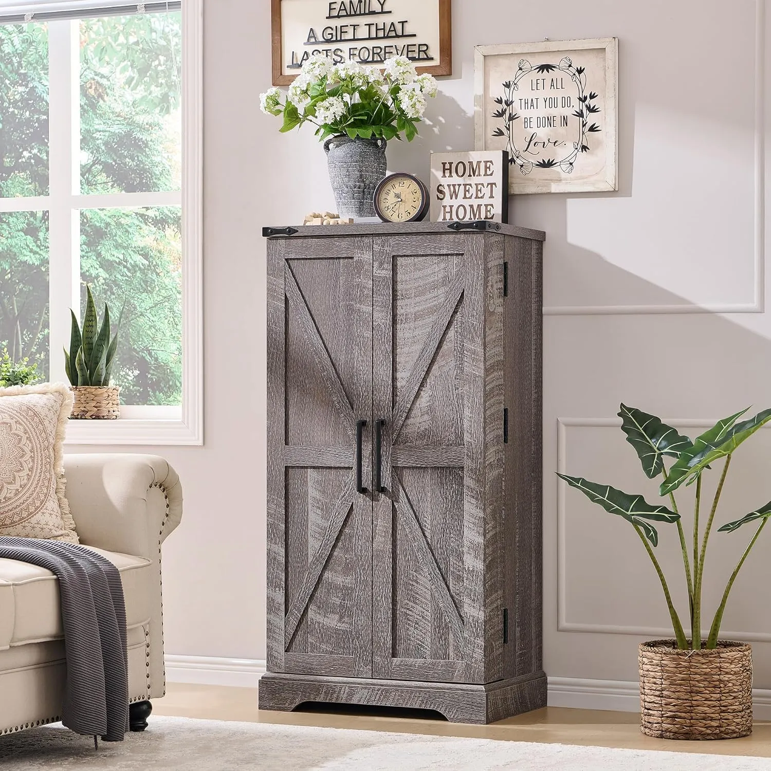 47" Kitchen Pantry, Farmhouse Storage Cabinet with Barn Doors, Organizer and Adjustable Shelves, Rustic Wood Cupboard for Kitchen, Dining Room, Bathroom and Hallway, Rustic Grey