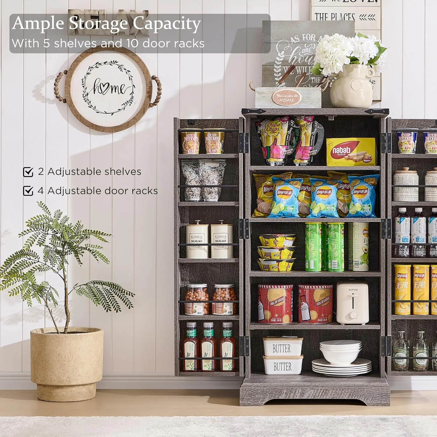 47" Kitchen Pantry, Farmhouse Storage Cabinet with Barn Doors, Organizer and Adjustable Shelves, Rustic Wood Cupboard for Kitchen, Dining Room, Bathroom and Hallway, Rustic Grey