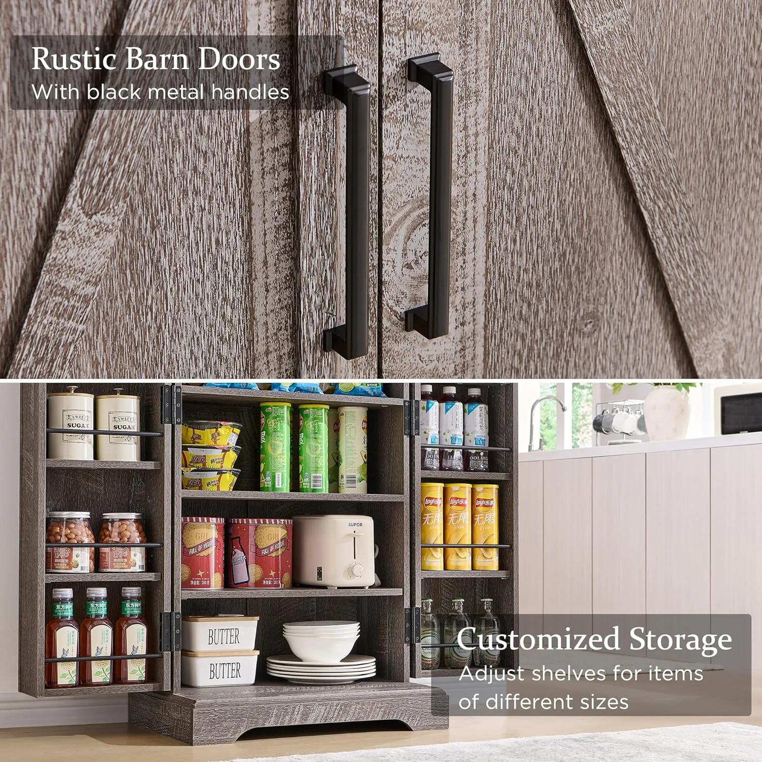 47" Kitchen Pantry, Farmhouse Storage Cabinet with Barn Doors, Organizer and Adjustable Shelves, Rustic Wood Cupboard for Kitchen, Dining Room, Bathroom and Hallway, Rustic Grey