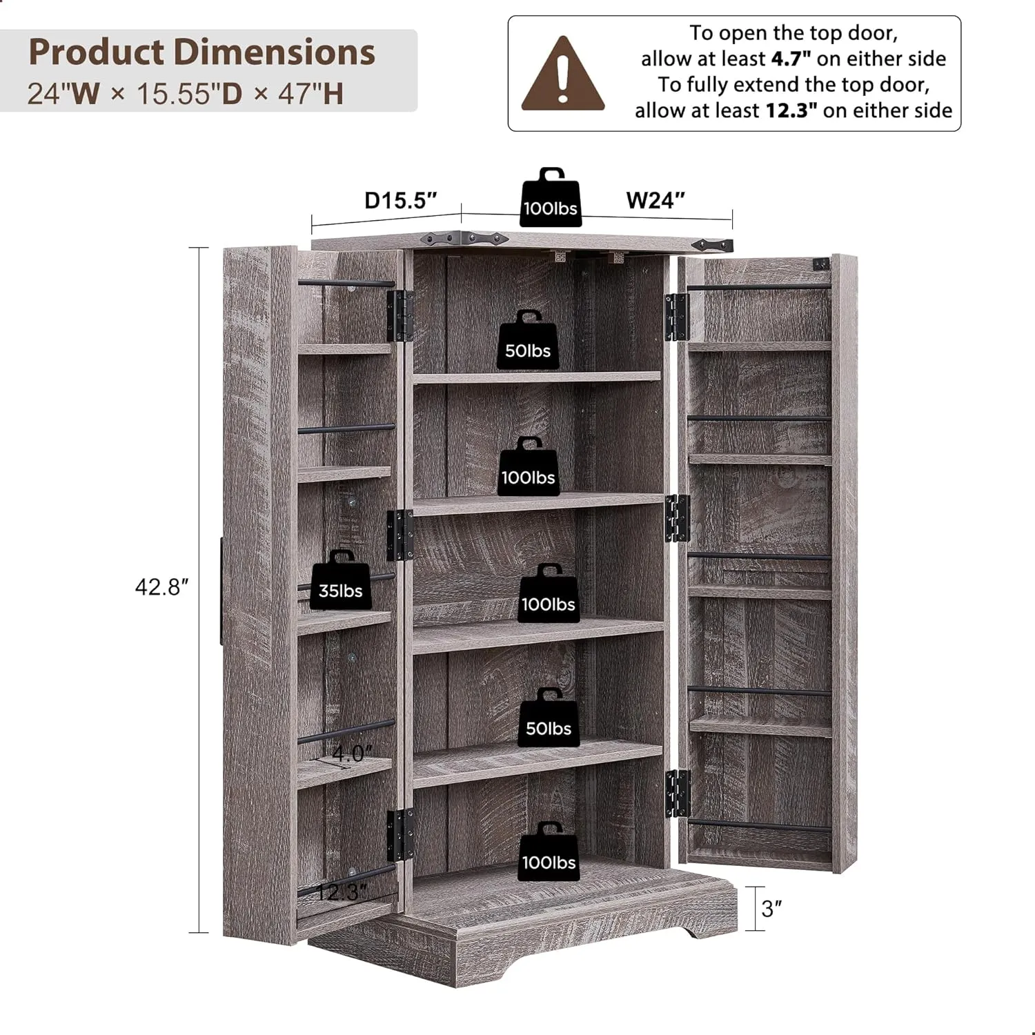 47" Kitchen Pantry, Farmhouse Storage Cabinet with Barn Doors, Organizer and Adjustable Shelves, Rustic Wood Cupboard for Kitchen, Dining Room, Bathroom and Hallway, Rustic Grey