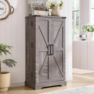 47" Kitchen Pantry, Farmhouse Storage Cabinet with Barn Doors, Organizer and Adjustable Shelves, Rustic Wood Cupboard for Kitchen, Dining Room, Bathroom and Hallway, Rustic Grey