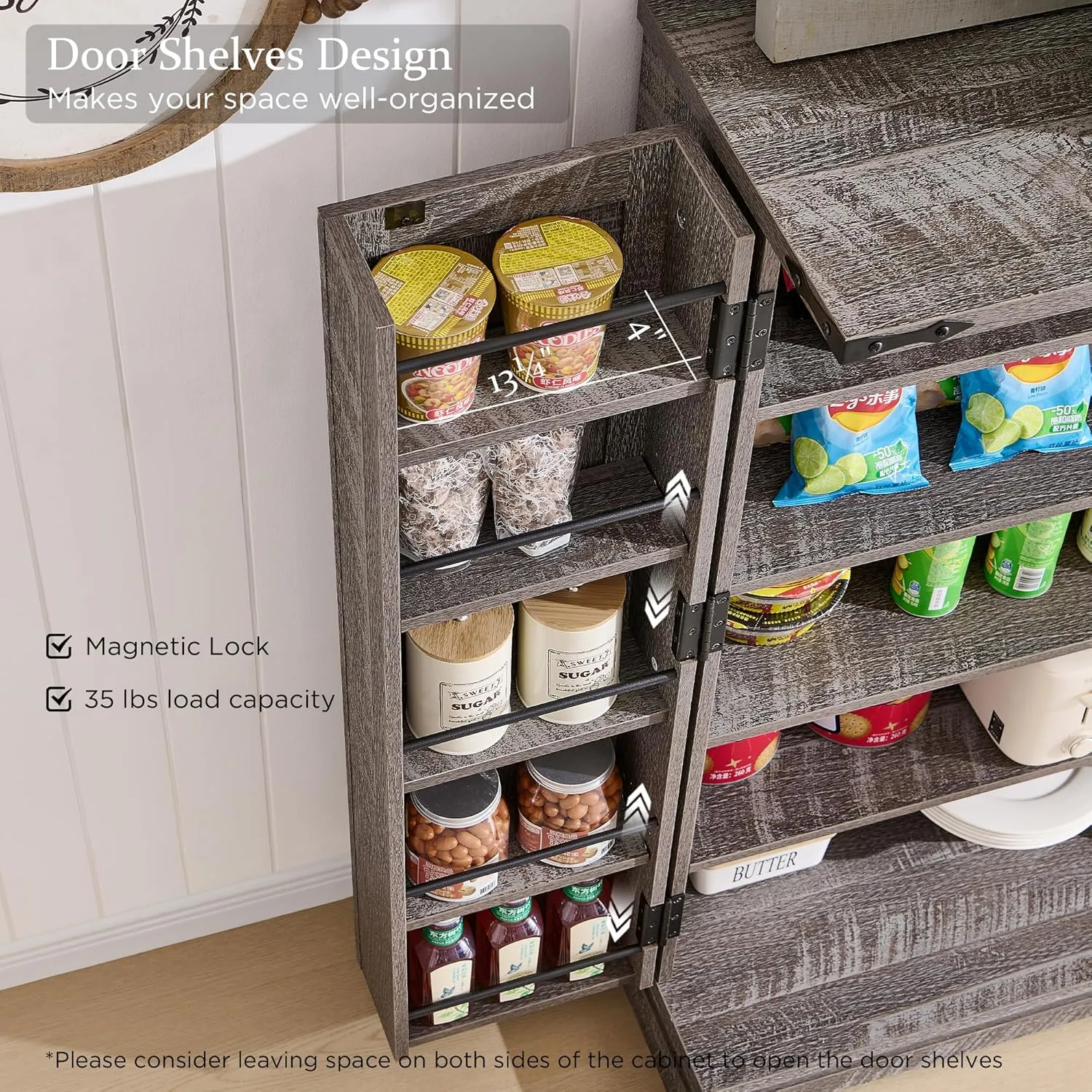 47" Kitchen Pantry, Farmhouse Storage Cabinet with Barn Doors, Organizer and Adjustable Shelves, Rustic Wood Cupboard for Kitchen, Dining Room, Bathroom and Hallway, Rustic Grey
