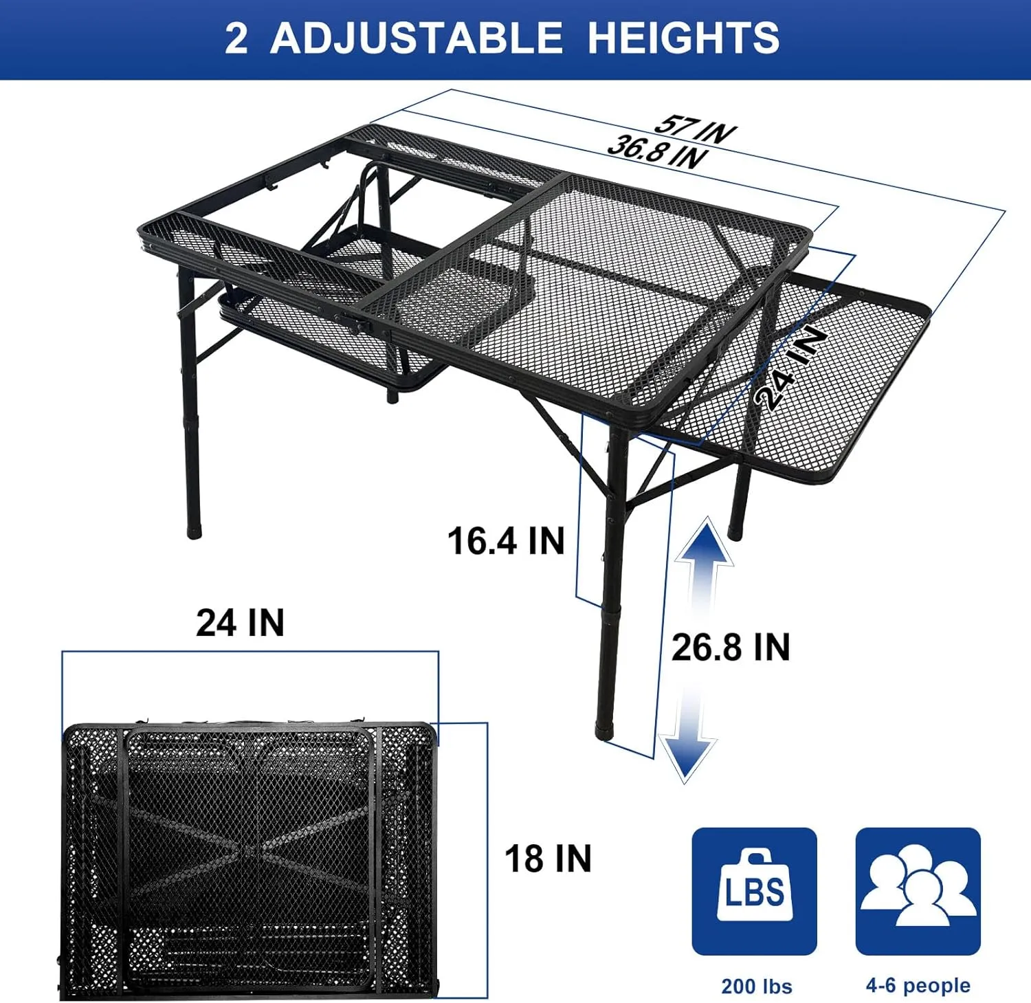 4ft Folding BBQ Table with Wing Plate, Height Adjustable Metal Table with Small Charcoal Grill, Portable Outdoor Table Removable to Two Tables (Bright Black)