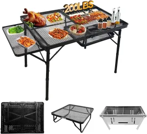 4ft Folding BBQ Table with Wing Plate, Height Adjustable Metal Table with Small Charcoal Grill, Portable Outdoor Table Removable to Two Tables (Bright Black)