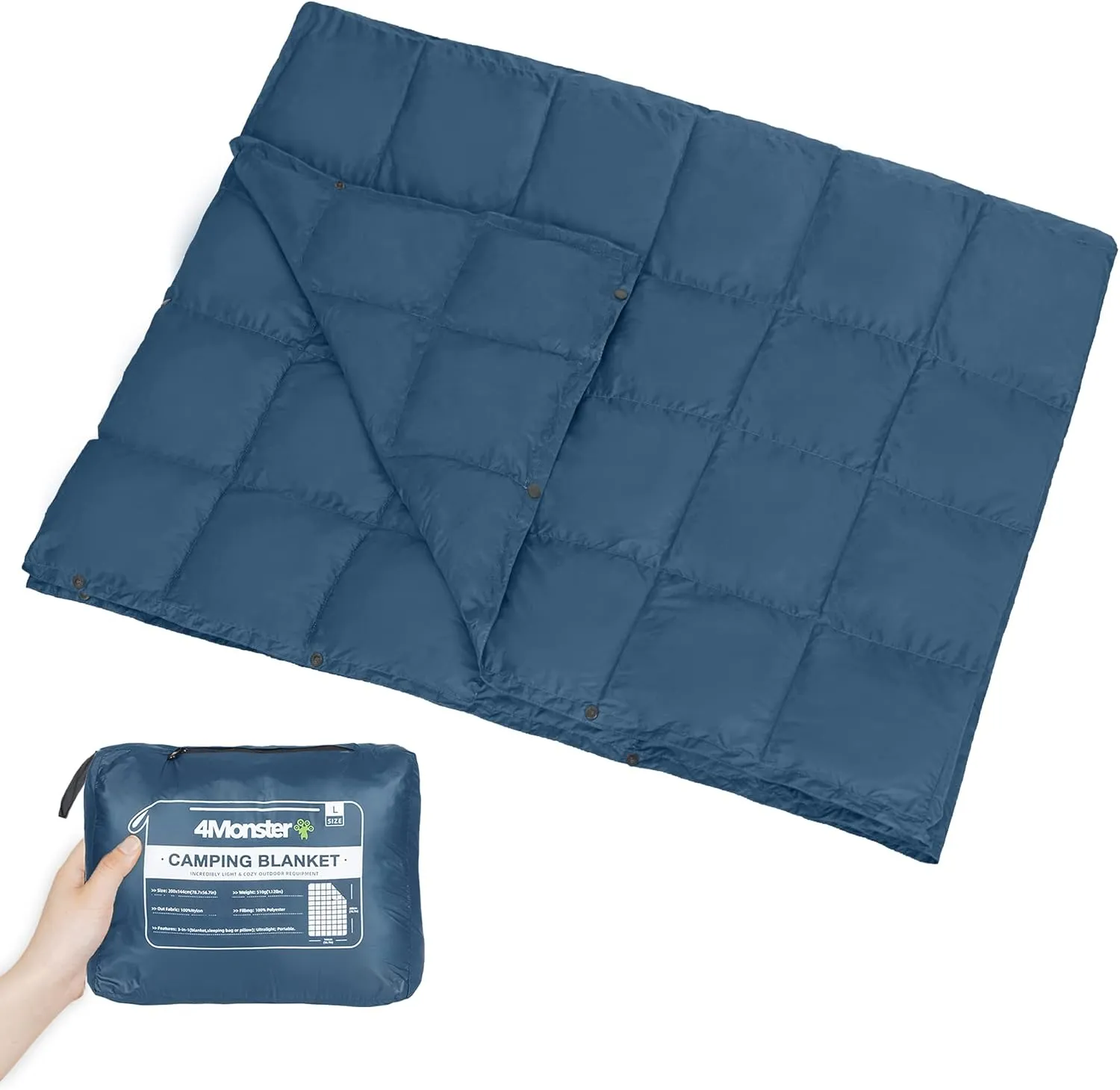 4Monster Packable Camping Blanket Lightweight,Compact Camping Quilt Water-Resistant, Wearable Warm Alternative Camping Blanket for Airplane, Hiking, Backpacking, Stadium,Beach