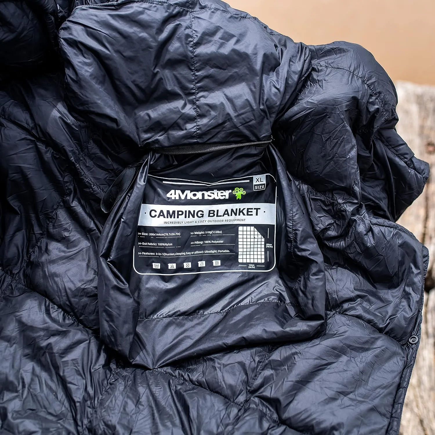4Monster Packable Camping Blanket Lightweight,Compact Camping Quilt Water-Resistant, Wearable Warm Alternative Camping Blanket for Airplane, Hiking, Backpacking, Stadium,Beach