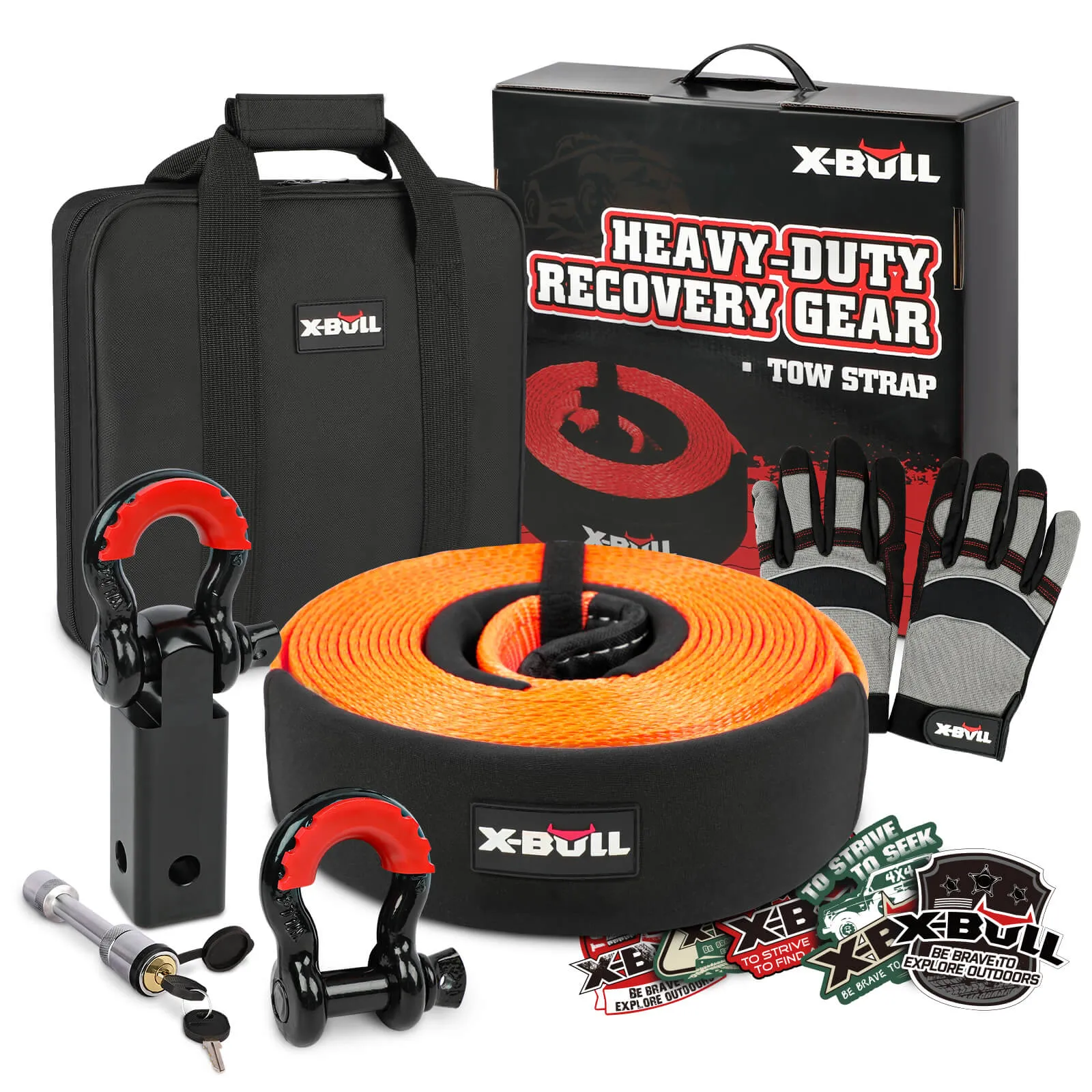 4Wd Recovery Kit With Snatch Strap, Hitch Receiver, And Bow Shackles