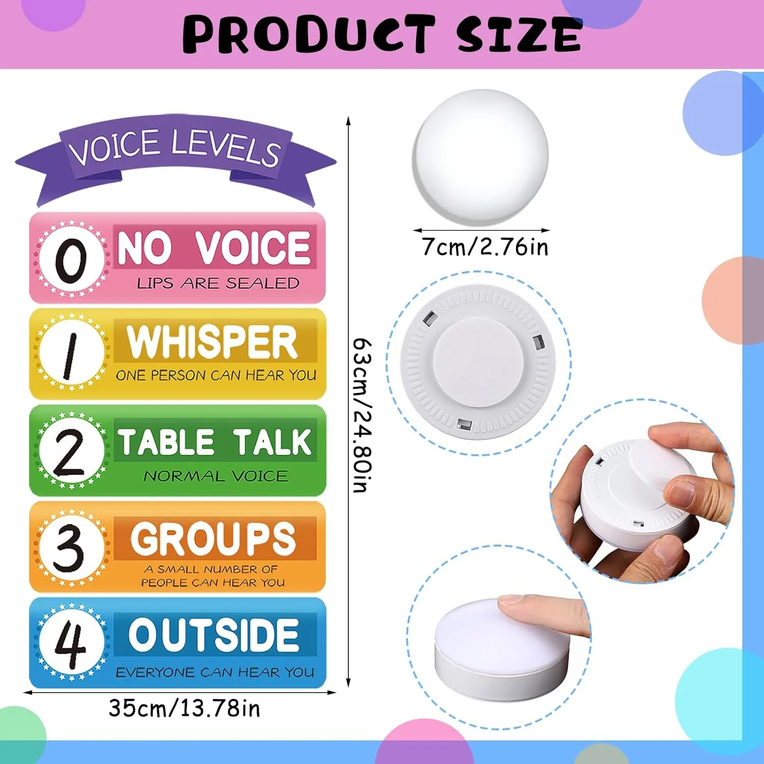 5 Pcs School Push Light and Voice Level Poster Sticker LED Tap Light Voice Chart Battery Operated Button Lights Noise Level Monitor Rules Sign for Classroom Teachers(Classic Style)