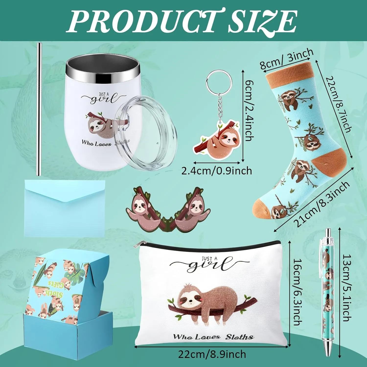 6 Pc Funny Gifts for Women Girl Pickle Avocado Flamingo Mushroom Panda Makeup Bag Insulated Stainless Steel Tumbler Socks Keychain Pen Card for Vegetable Animal Plant Birthday Gift (Sloth)