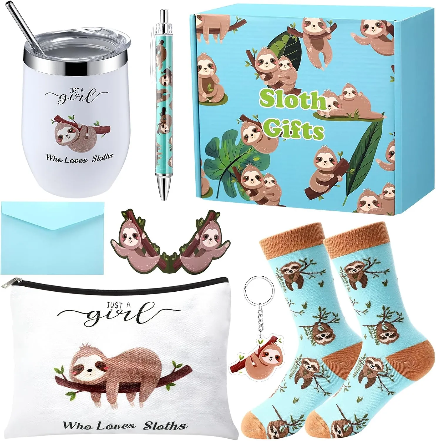 6 Pc Funny Gifts for Women Girl Pickle Avocado Flamingo Mushroom Panda Makeup Bag Insulated Stainless Steel Tumbler Socks Keychain Pen Card for Vegetable Animal Plant Birthday Gift (Sloth)