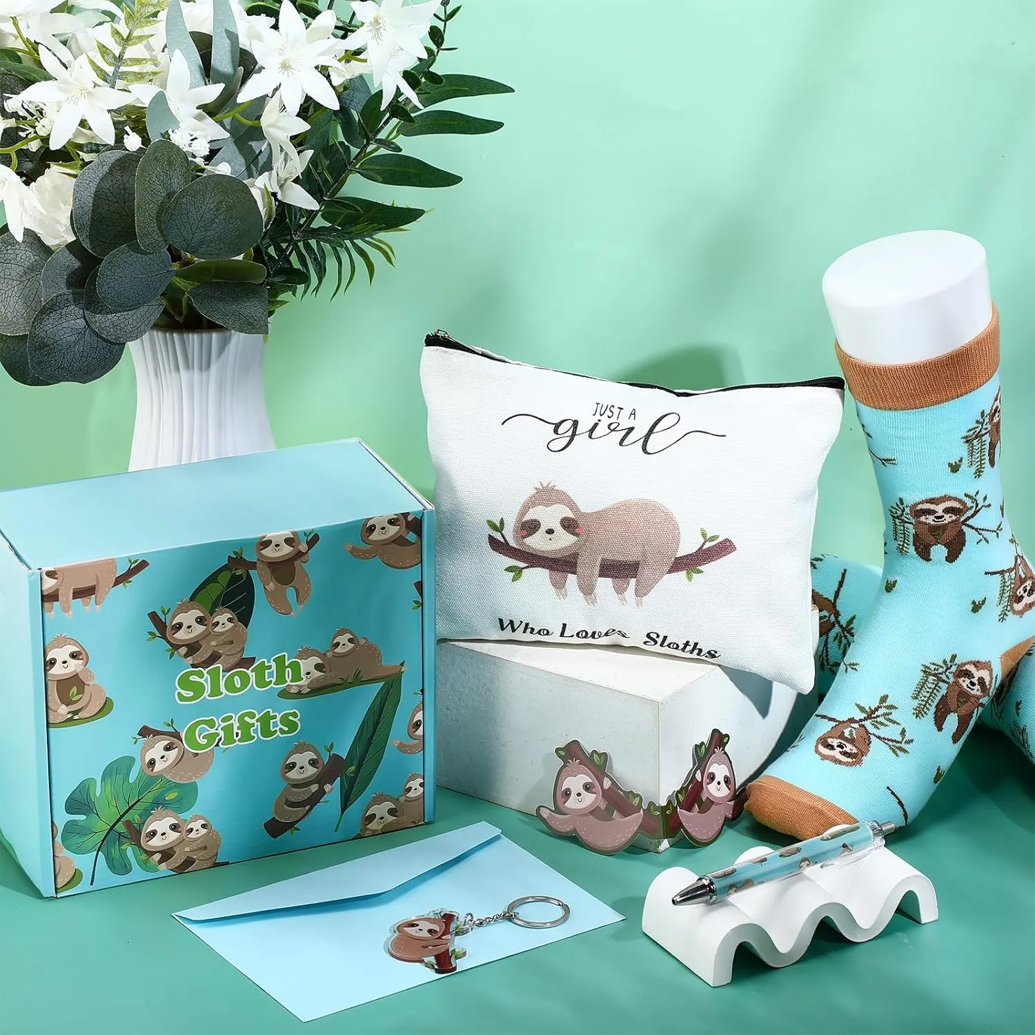 6 Pc Funny Gifts for Women Girl Pickle Avocado Flamingo Mushroom Panda Makeup Bag Insulated Stainless Steel Tumbler Socks Keychain Pen Card for Vegetable Animal Plant Birthday Gift (Sloth)