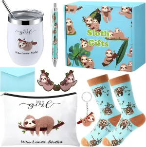 6 Pc Funny Gifts for Women Girl Pickle Avocado Flamingo Mushroom Panda Makeup Bag Insulated Stainless Steel Tumbler Socks Keychain Pen Card for Vegetable Animal Plant Birthday Gift (Sloth)