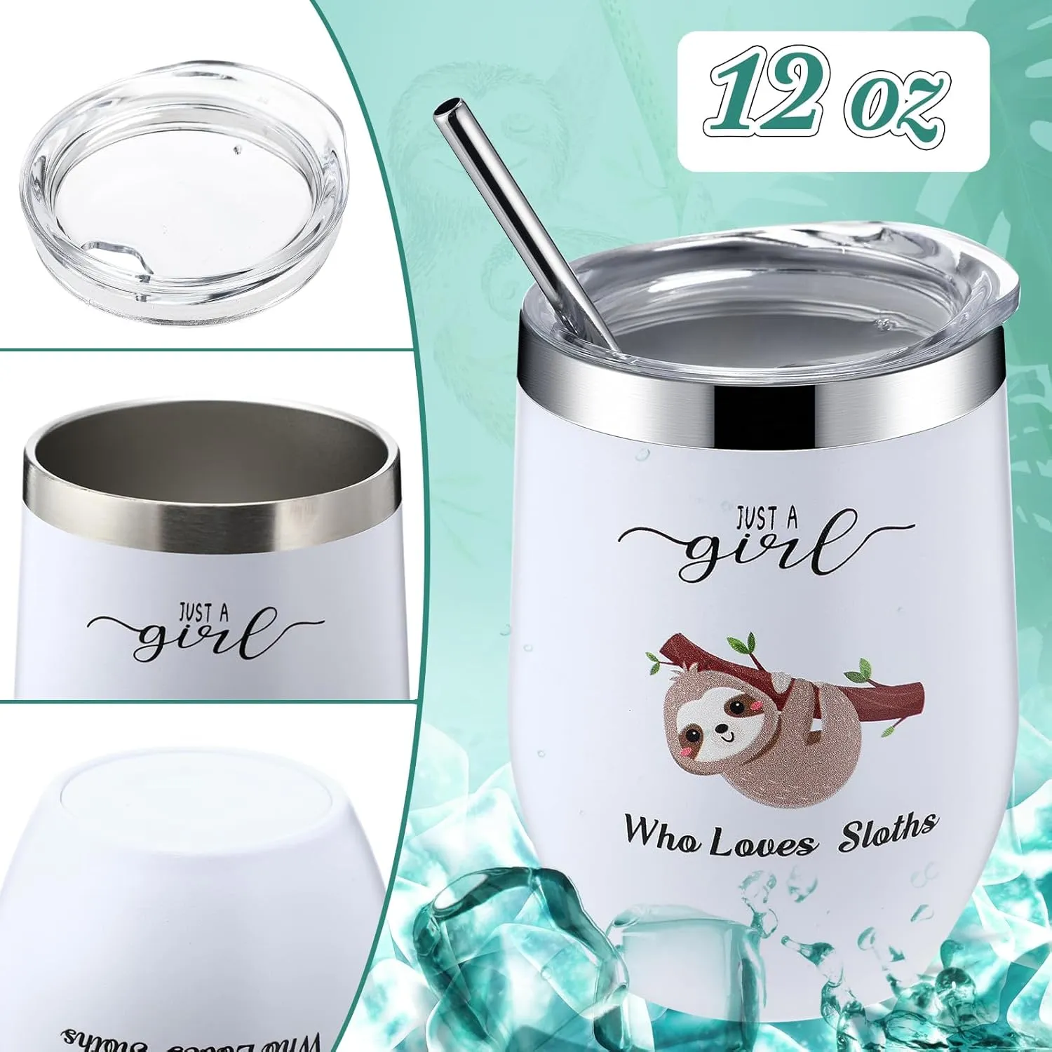 6 Pc Funny Gifts for Women Girl Pickle Avocado Flamingo Mushroom Panda Makeup Bag Insulated Stainless Steel Tumbler Socks Keychain Pen Card for Vegetable Animal Plant Birthday Gift (Sloth)