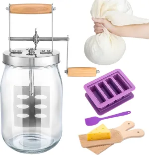 6 Pcs Butter Churner Hand Crank Mason Jar Set 34 oz Large Hand Crank Butter Churn Manual Butter Maker with Butter Mold Spatulas Cheese Cloth Beech Wood Butter Paddles Butter Making Kit