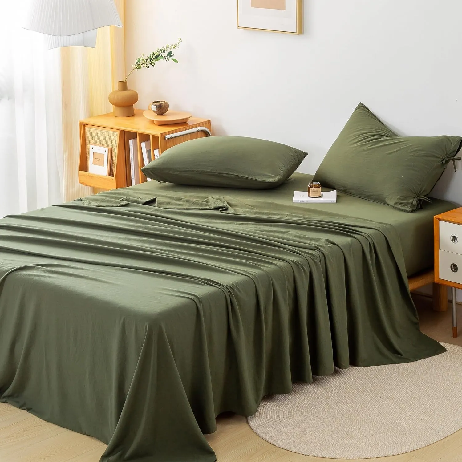7 Piece PolyCotton Soft California King Comforter Sets with 16" Deep Pocket Fitted Flat Sheets Pillow Case, Solid Boho Cozy Bed in a Bag - Lightweight for All Season Use, Olive Green Cal King