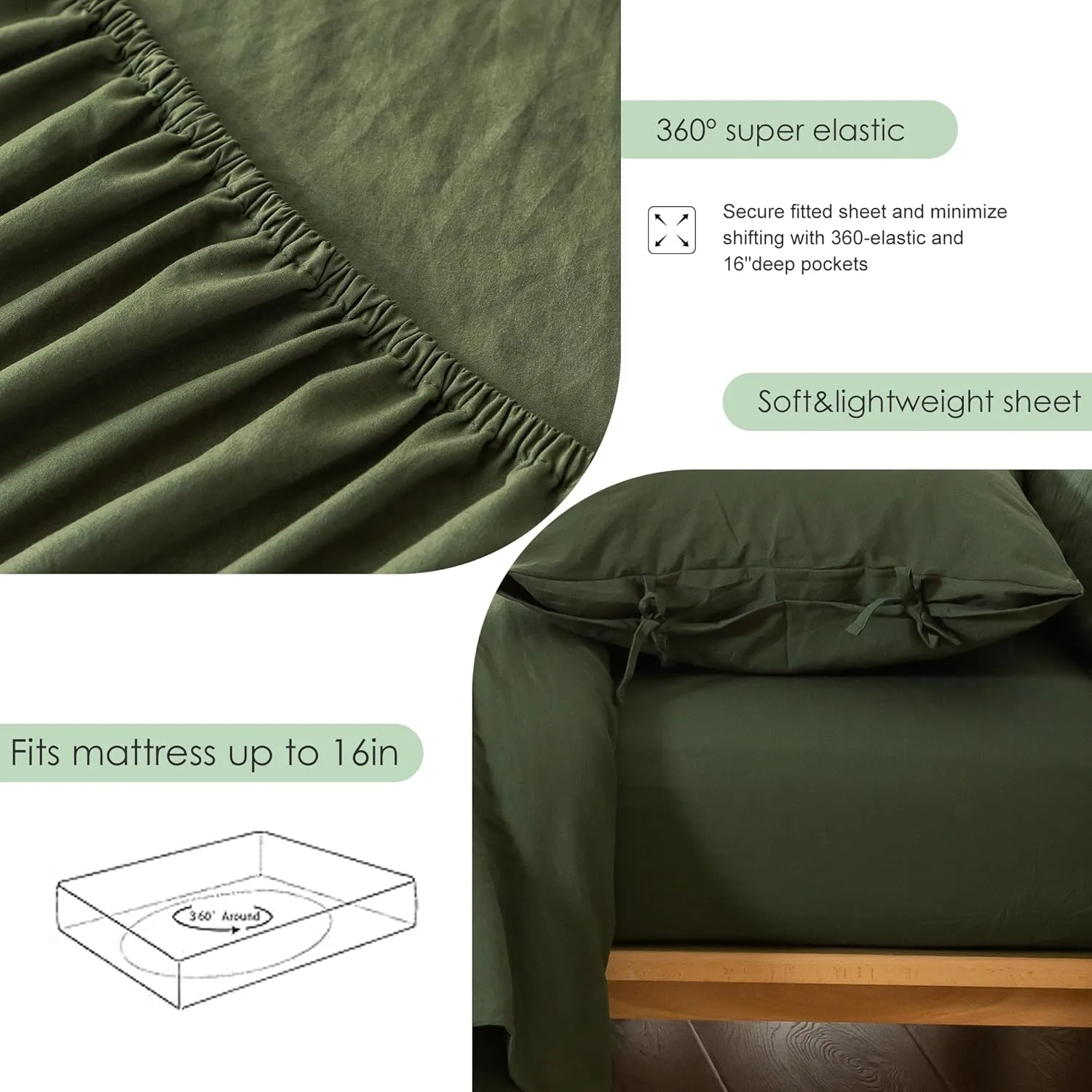 7 Piece PolyCotton Soft California King Comforter Sets with 16" Deep Pocket Fitted Flat Sheets Pillow Case, Solid Boho Cozy Bed in a Bag - Lightweight for All Season Use, Olive Green Cal King