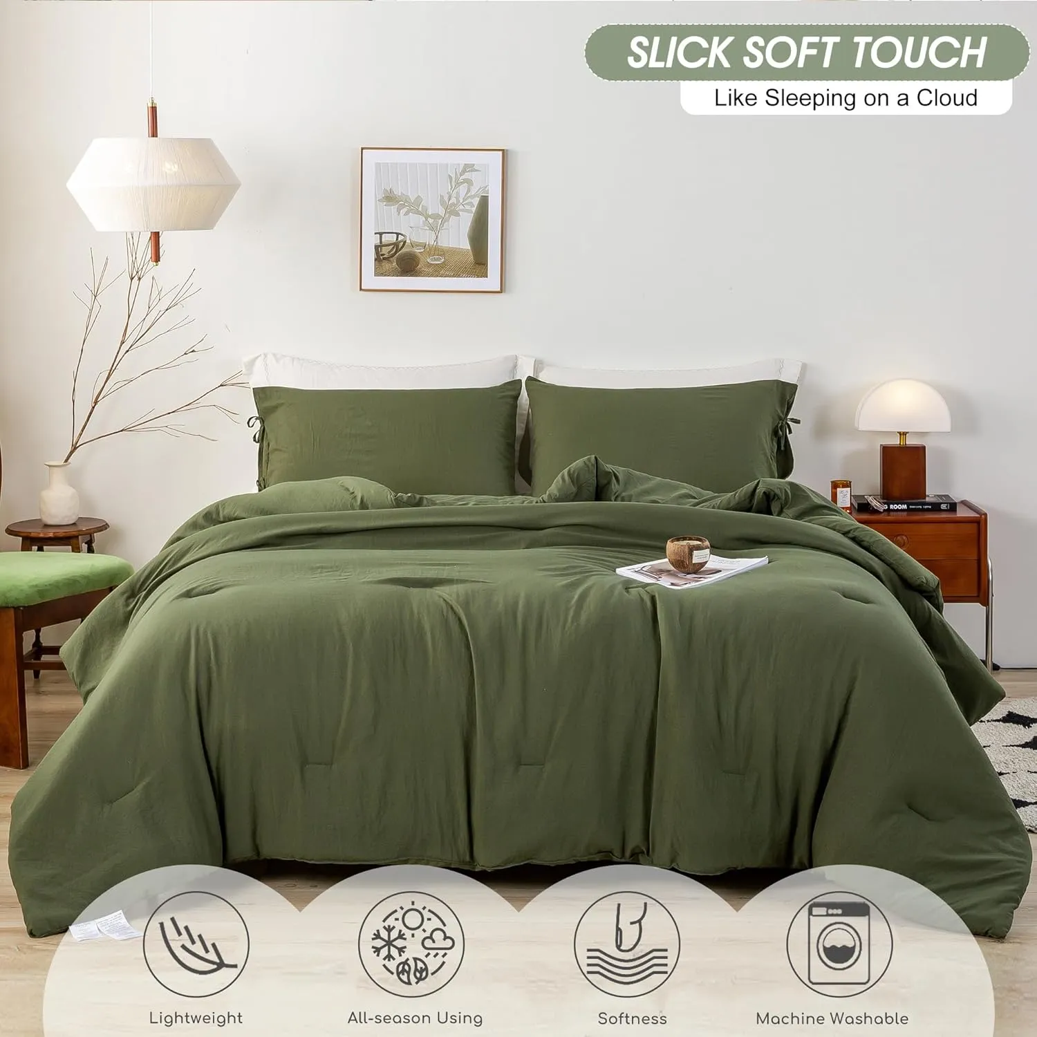 7 Piece PolyCotton Soft California King Comforter Sets with 16" Deep Pocket Fitted Flat Sheets Pillow Case, Solid Boho Cozy Bed in a Bag - Lightweight for All Season Use, Olive Green Cal King
