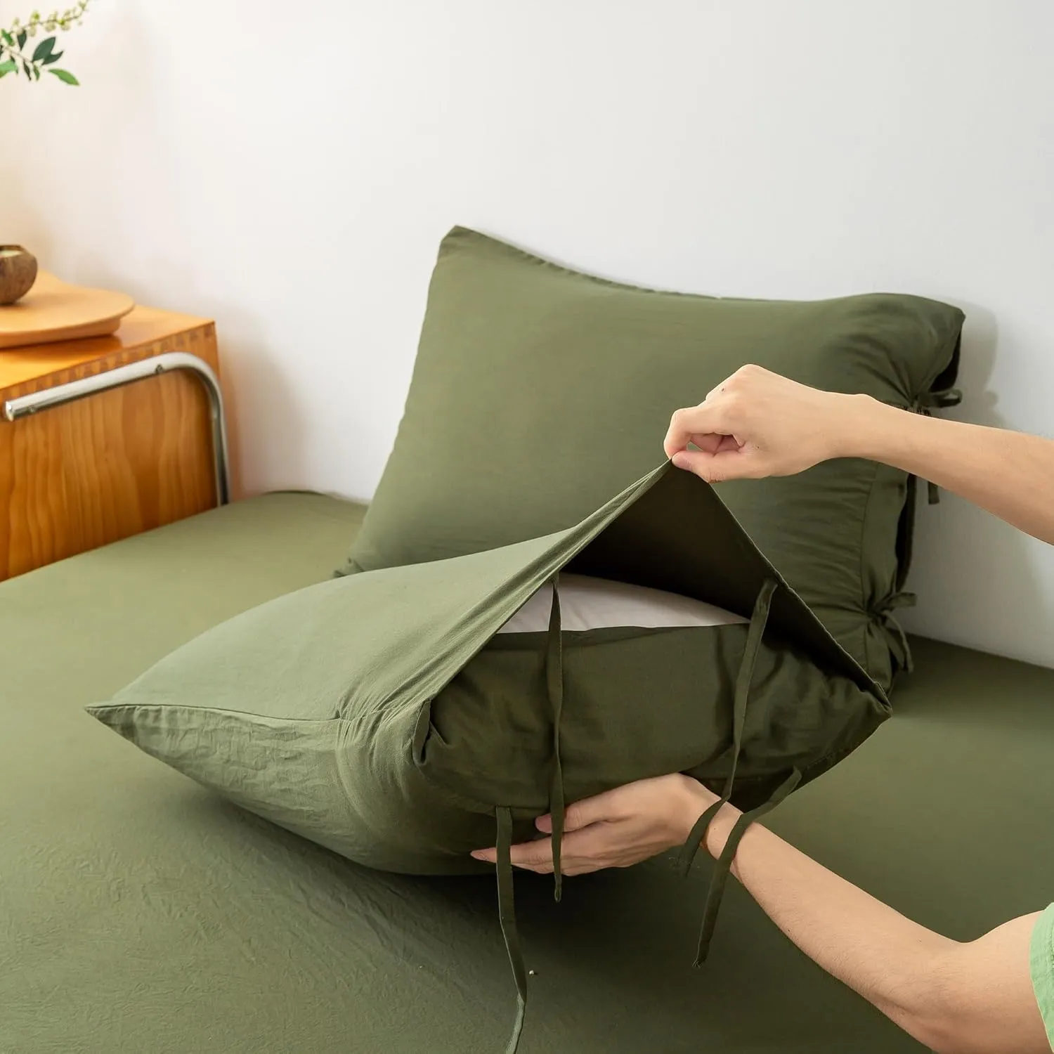 7 Piece PolyCotton Soft California King Comforter Sets with 16" Deep Pocket Fitted Flat Sheets Pillow Case, Solid Boho Cozy Bed in a Bag - Lightweight for All Season Use, Olive Green Cal King