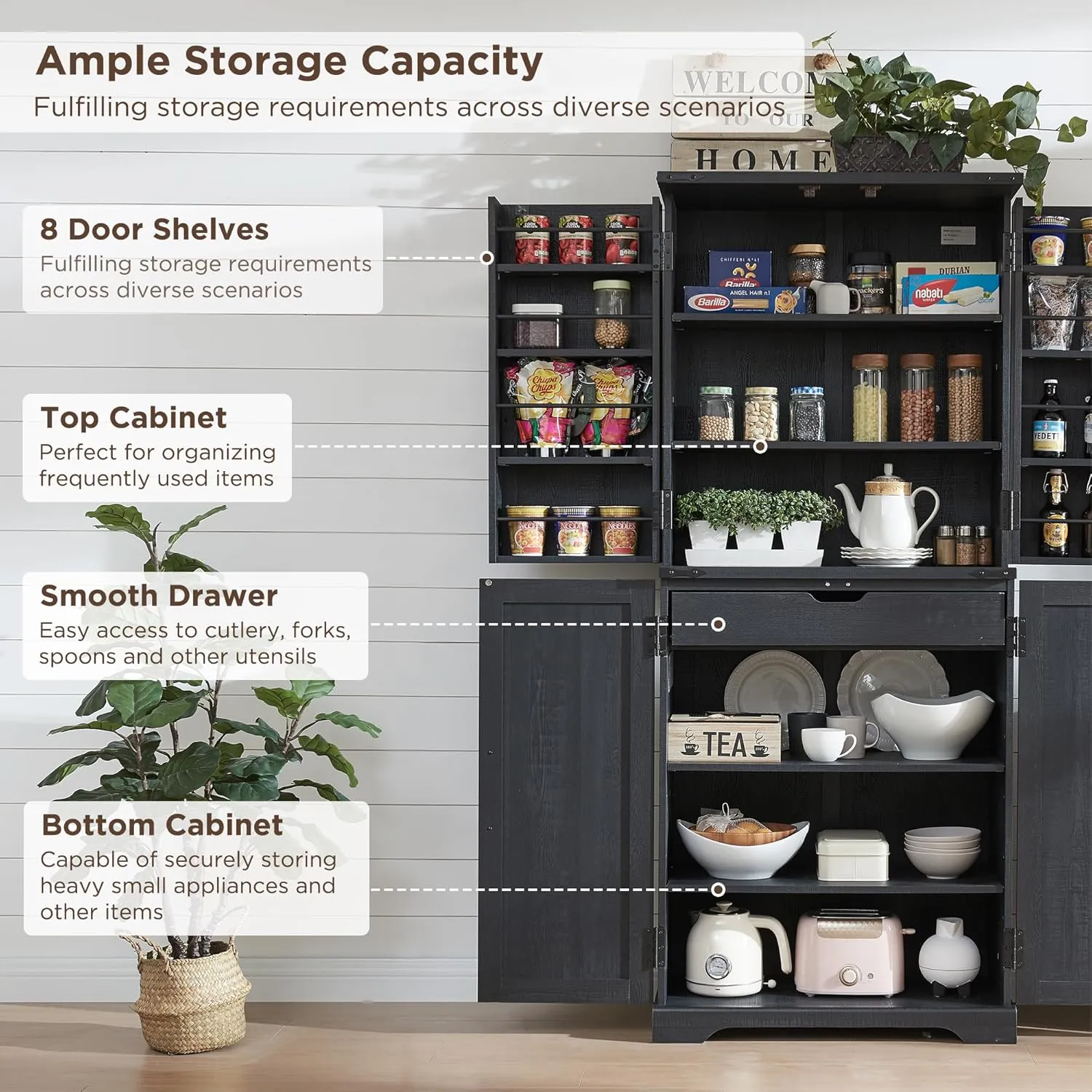 72" Tall Kitchen Pantry, Farmhouse Storage Cabinet with Barn Door, Organizer, Drawer and Adjustable Shelves, Rustic Wood Cupboard for Kitchen, Dining Room, Bathroom, Black