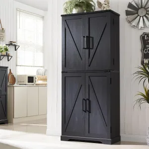 72" Tall Kitchen Pantry, Farmhouse Storage Cabinet with Barn Door, Organizer, Drawer and Adjustable Shelves, Rustic Wood Cupboard for Kitchen, Dining Room, Bathroom, Black