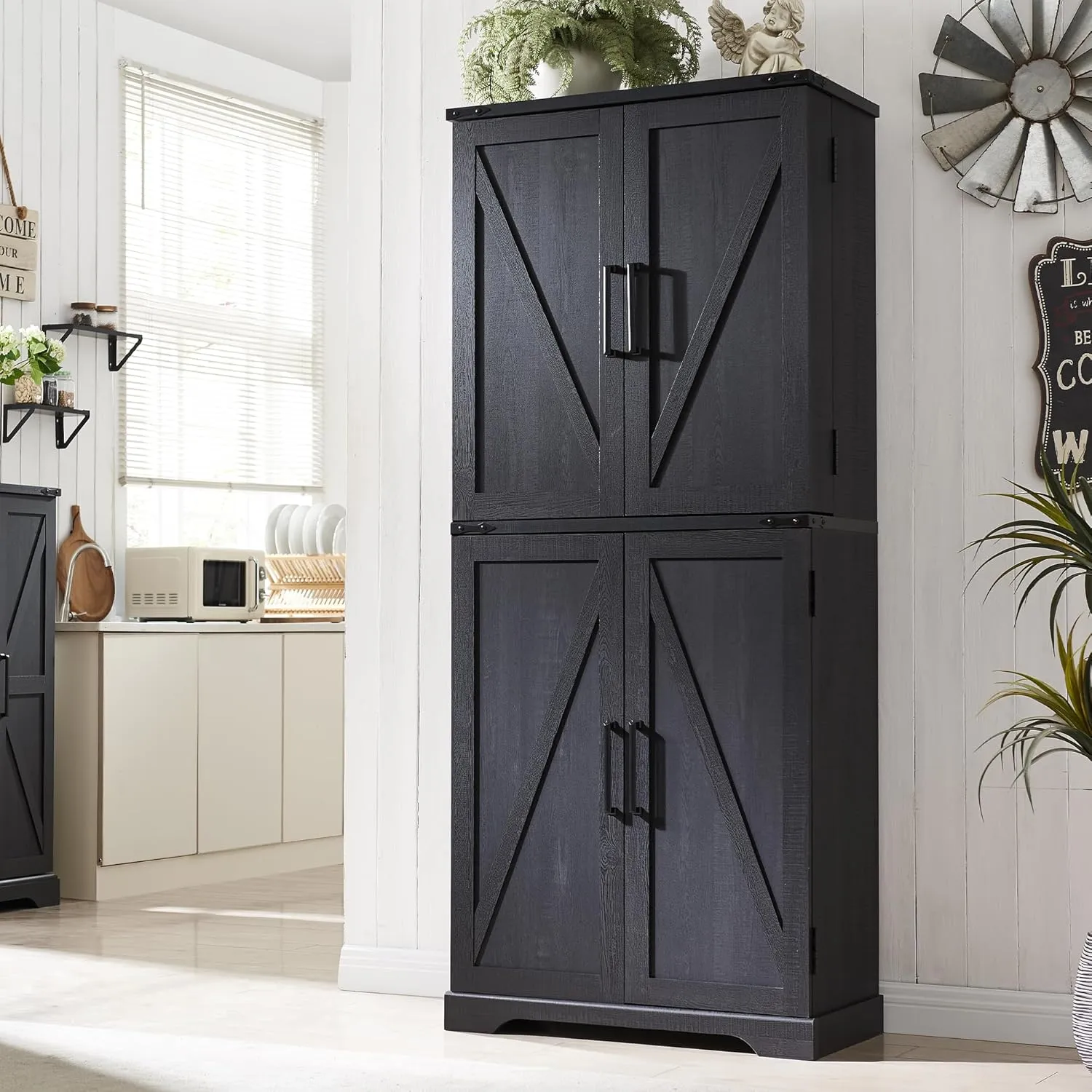 72" Tall Kitchen Pantry, Farmhouse Storage Cabinet with Barn Door, Organizer, Drawer and Adjustable Shelves, Rustic Wood Cupboard for Kitchen, Dining Room, Bathroom, Black