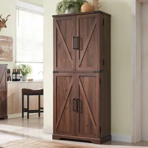 72" Tall Kitchen Pantry, Farmhouse Storage Cabinet with Barn Doors, Organizer, Drawer and Adjustable Shelves, Rustic Wood Cupboard for Kitchen, Dining Room, Bathroom, Brown