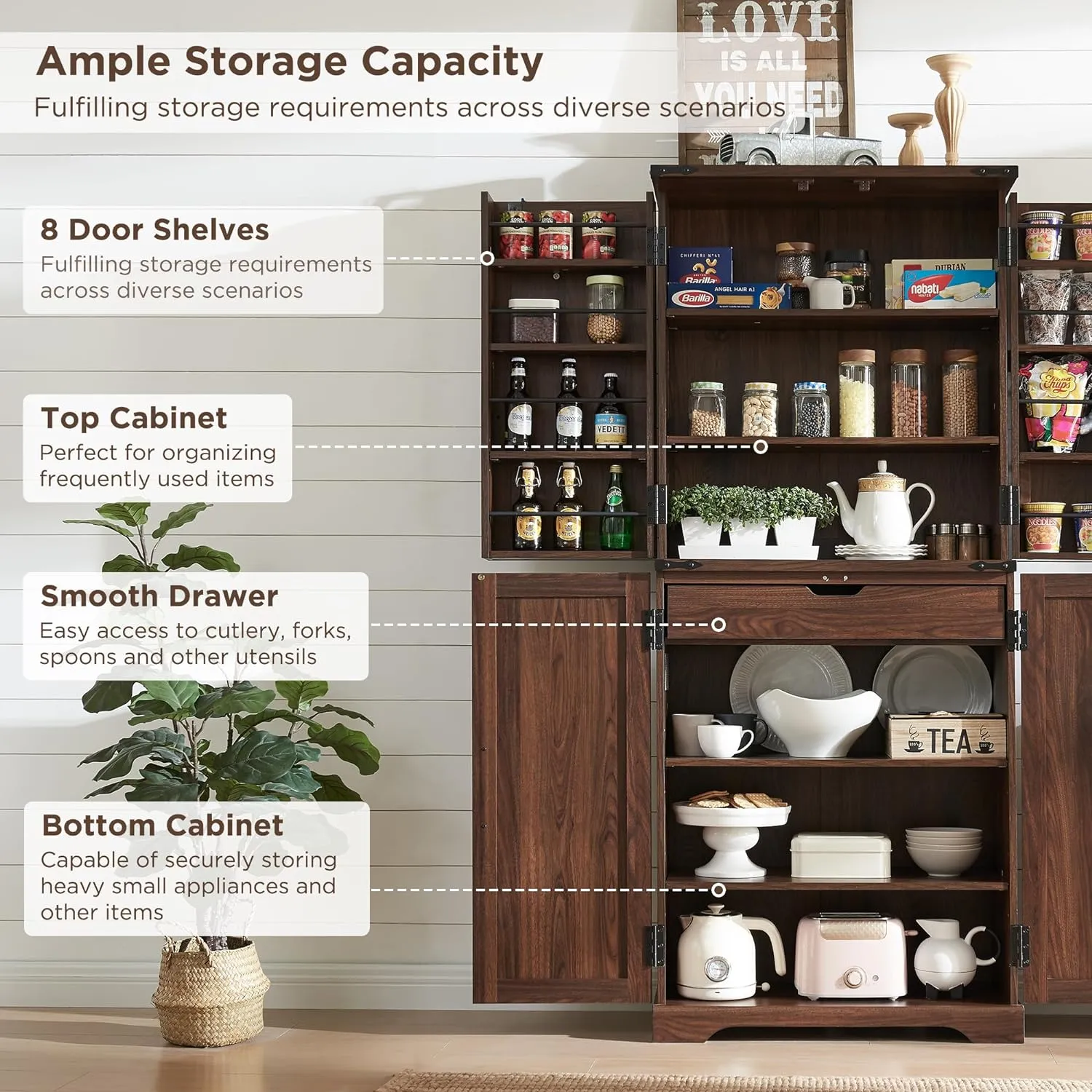 72" Tall Kitchen Pantry, Farmhouse Storage Cabinet with Barn Doors, Organizer, Drawer and Adjustable Shelves, Rustic Wood Cupboard for Kitchen, Dining Room, Bathroom, Brown