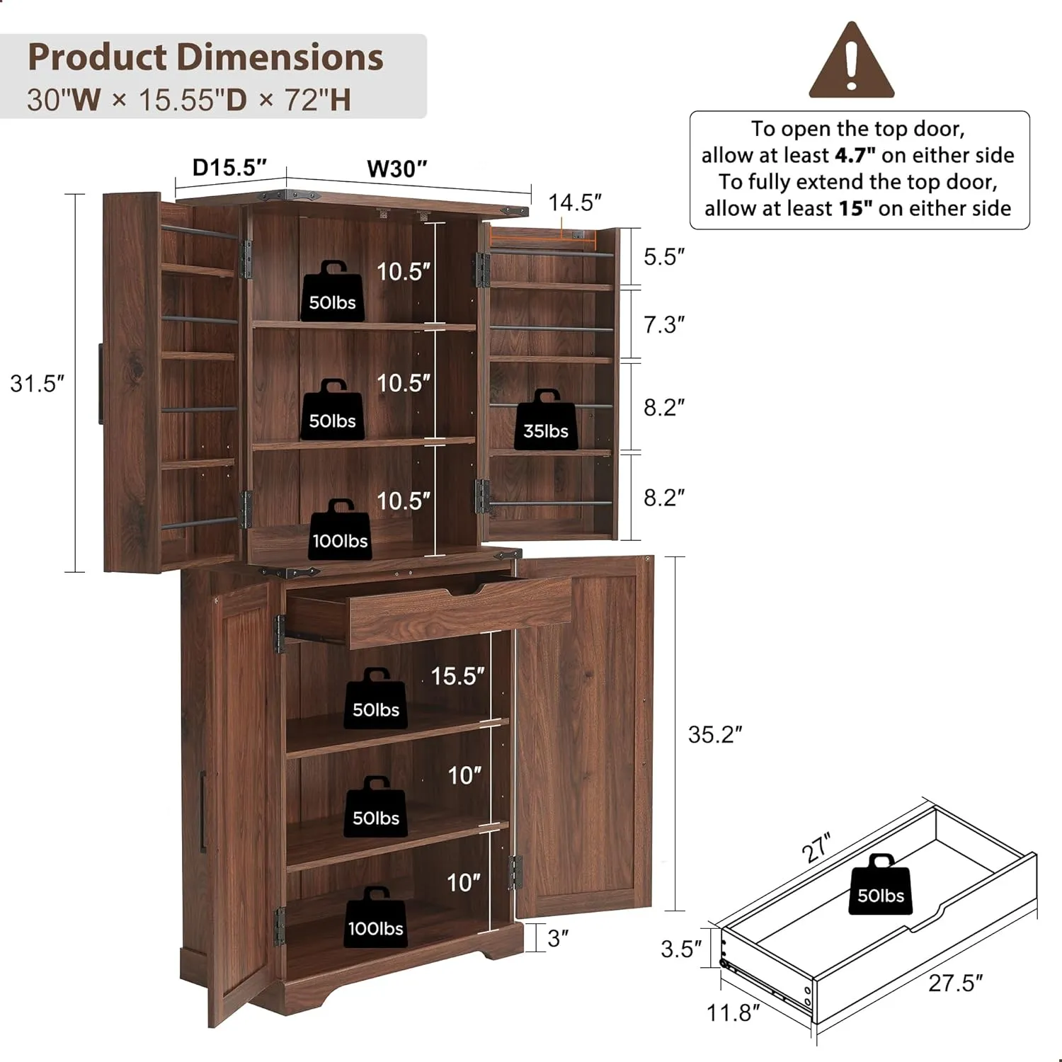 72" Tall Kitchen Pantry, Farmhouse Storage Cabinet with Barn Doors, Organizer, Drawer and Adjustable Shelves, Rustic Wood Cupboard for Kitchen, Dining Room, Bathroom, Brown