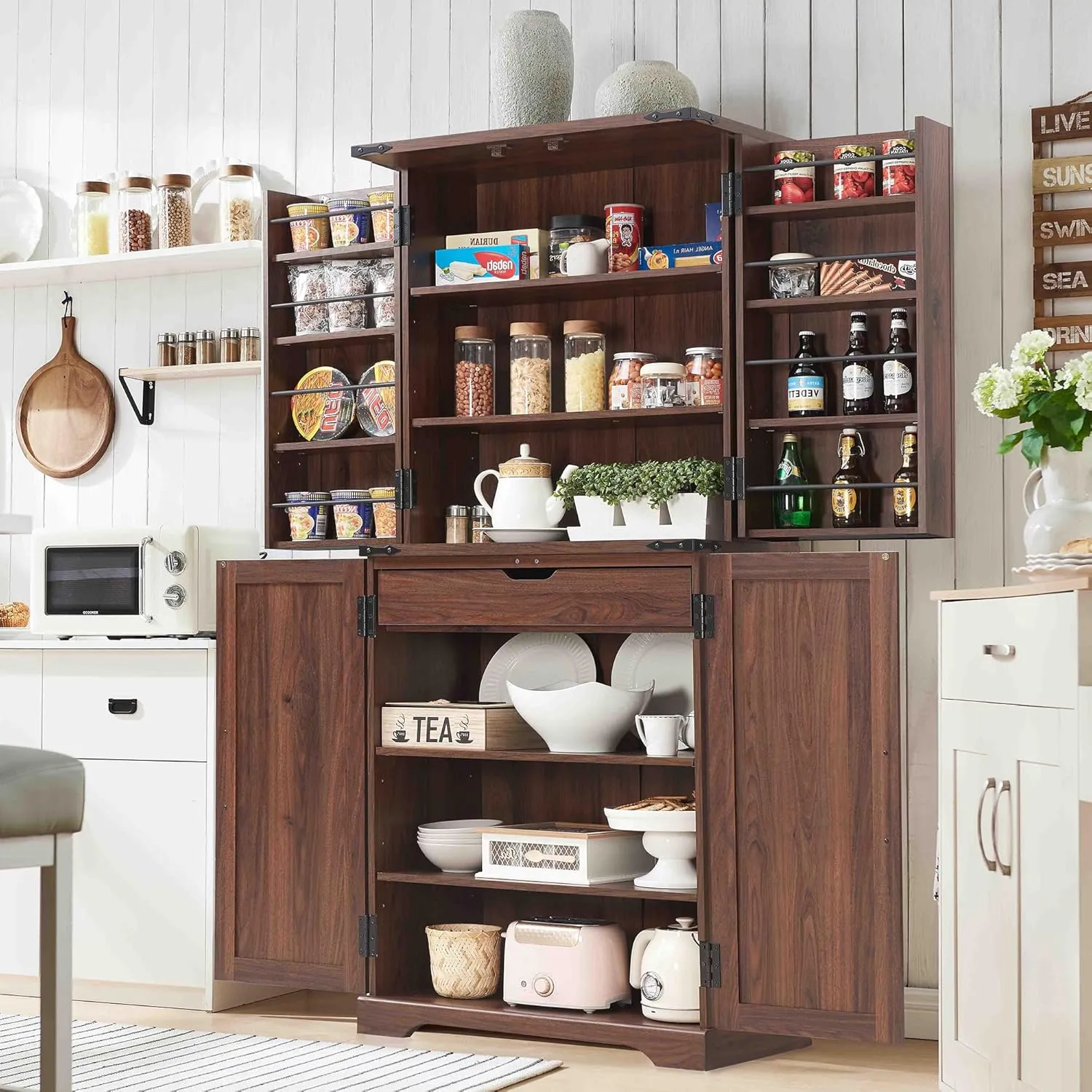 72" Tall Kitchen Pantry, Farmhouse Storage Cabinet with Barn Doors, Organizer, Drawer and Adjustable Shelves, Rustic Wood Cupboard for Kitchen, Dining Room, Bathroom, Brown