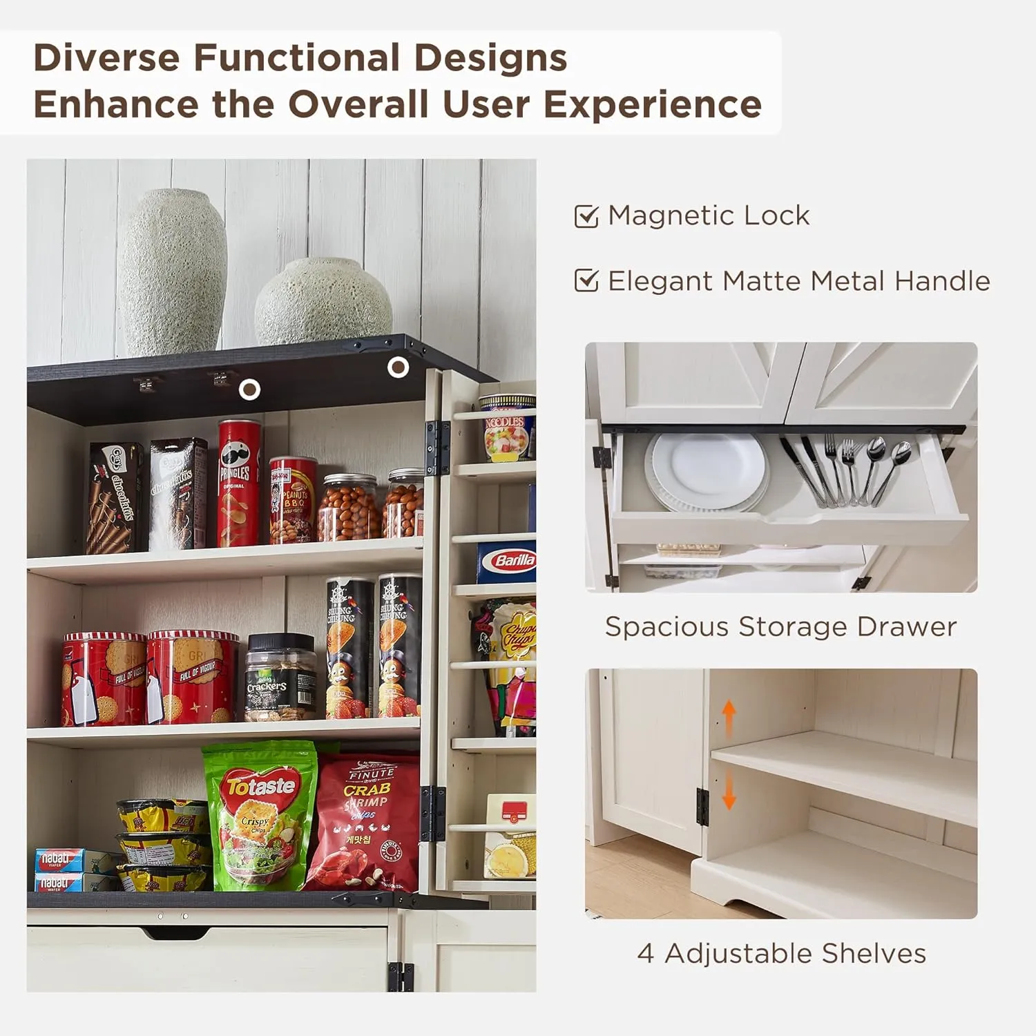 72" Tall Kitchen Pantry, Farmhouse Storage Cabinet with Barn Doors, Organizer, Drawer and Adjustable Shelves, Rustic Wood Cupboard for Kitchen, Dining Room, Bathroom, Off White