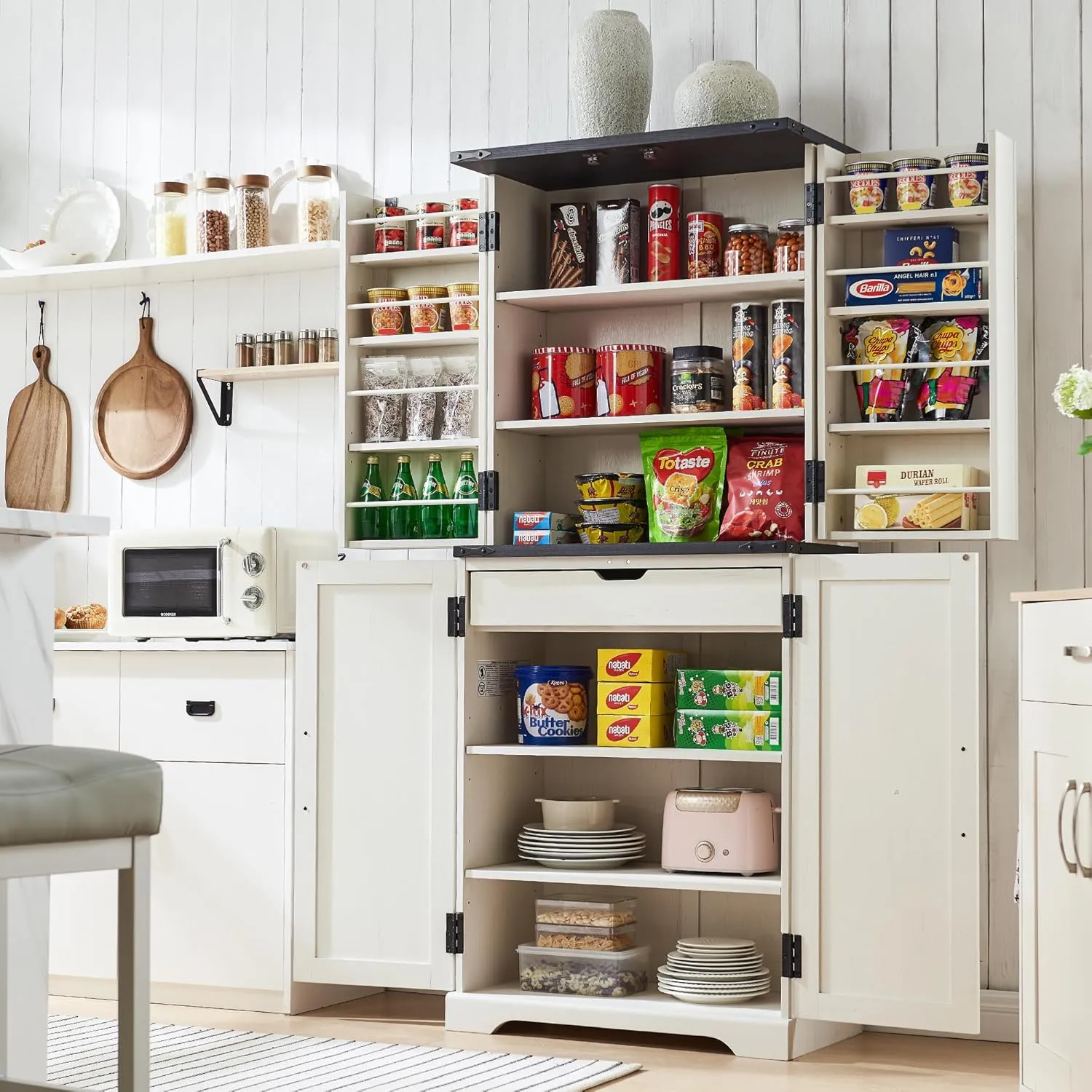 72" Tall Kitchen Pantry, Farmhouse Storage Cabinet with Barn Doors, Organizer, Drawer and Adjustable Shelves, Rustic Wood Cupboard for Kitchen, Dining Room, Bathroom, Off White