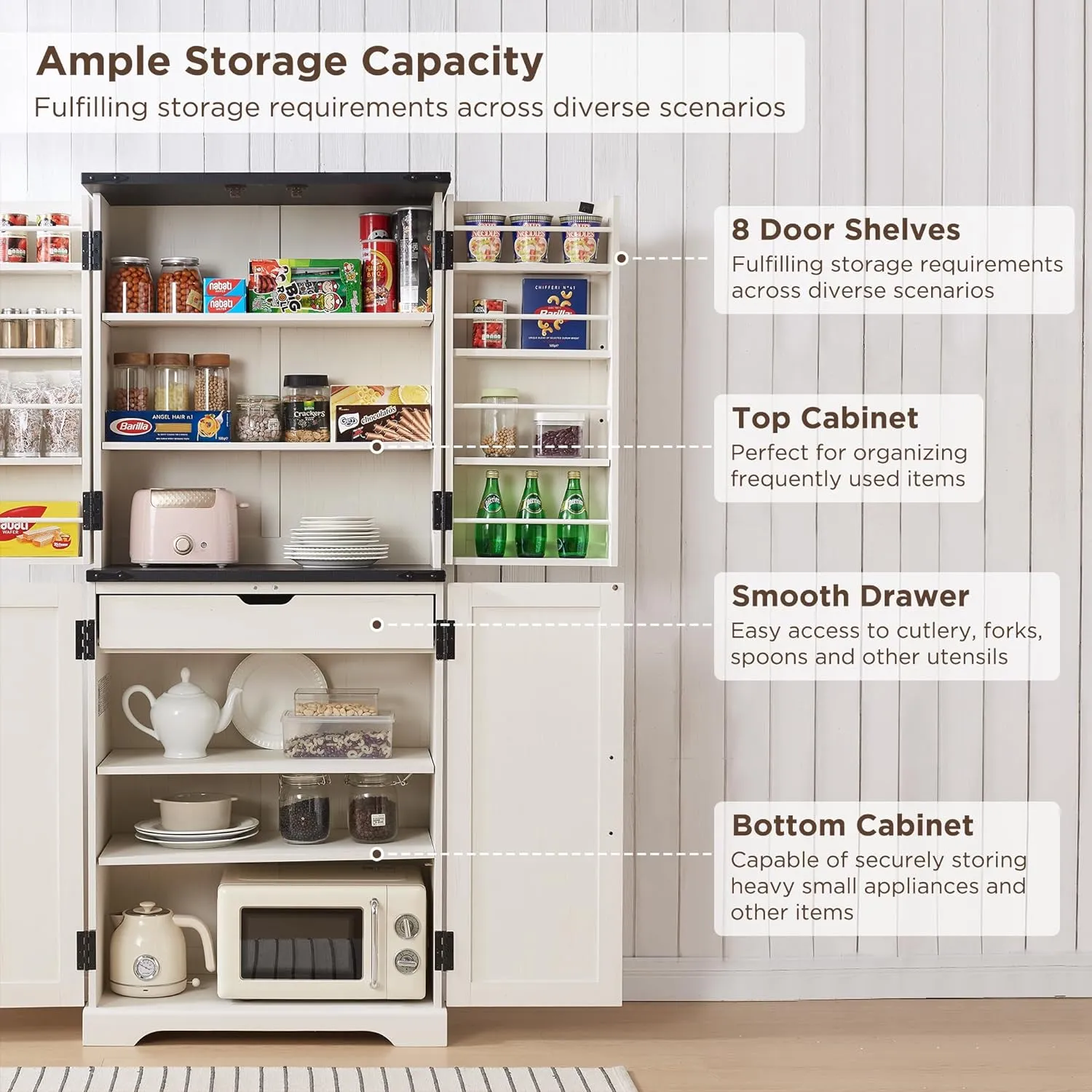 72" Tall Kitchen Pantry, Farmhouse Storage Cabinet with Barn Doors, Organizer, Drawer and Adjustable Shelves, Rustic Wood Cupboard for Kitchen, Dining Room, Bathroom, Off White