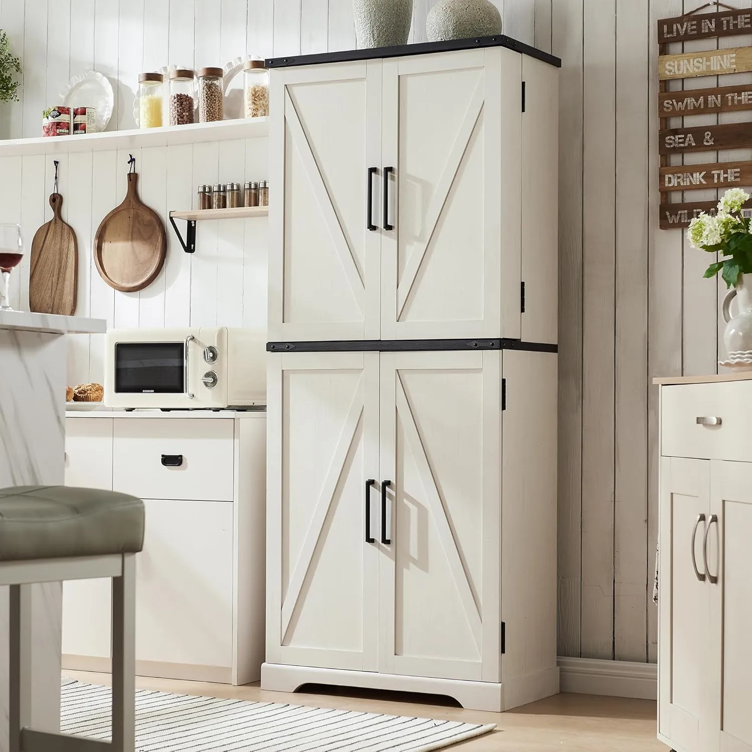 72" Tall Kitchen Pantry, Farmhouse Storage Cabinet with Barn Doors, Organizer, Drawer and Adjustable Shelves, Rustic Wood Cupboard for Kitchen, Dining Room, Bathroom, Off White