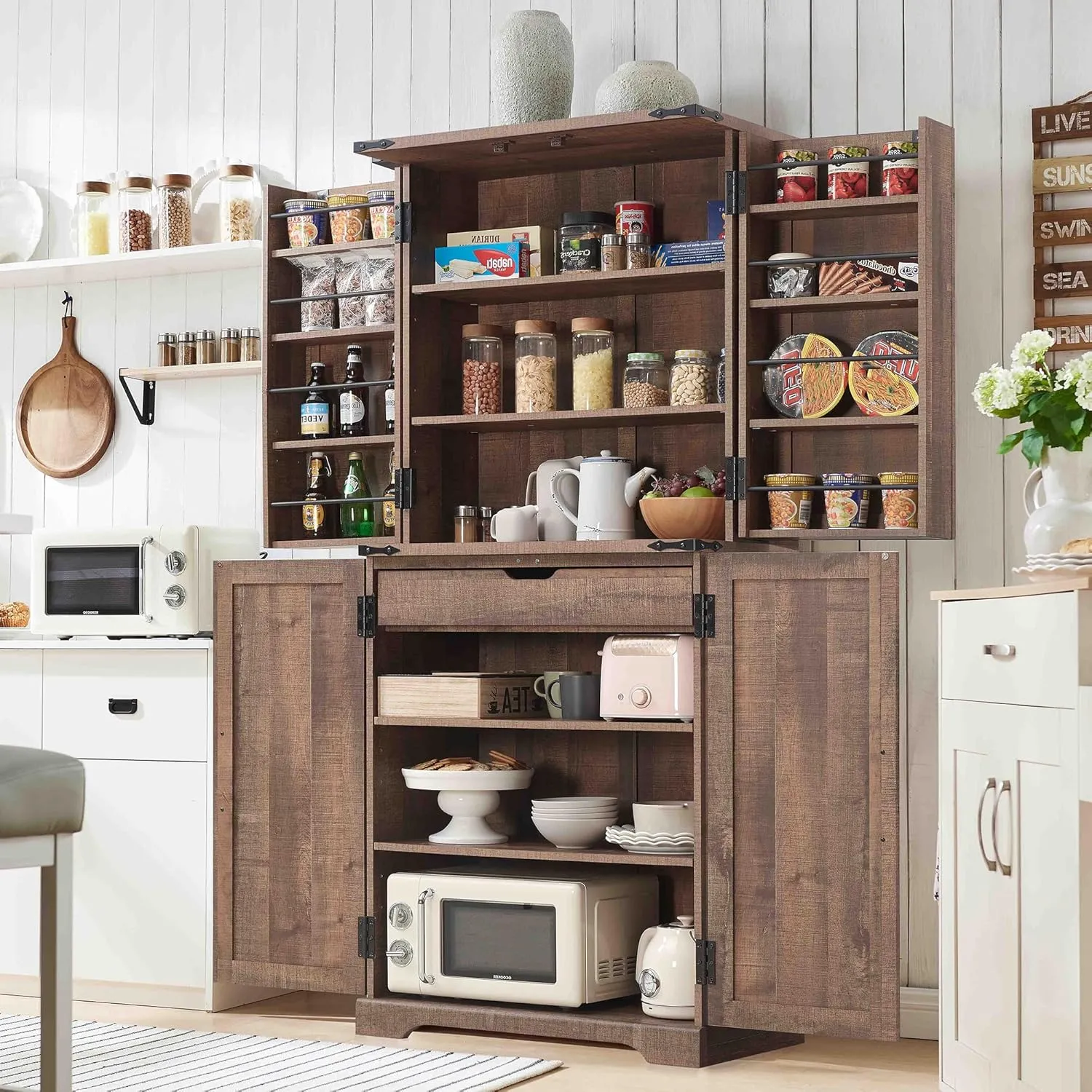 72" Tall Kitchen Pantry, Farmhouse Storage Cabinet with Barn Doors, Organizer, Drawer and Adjustable Shelves, Rustic Wood Cupboard for Kitchen, Dining Room, Bathroom, Rustic Brown