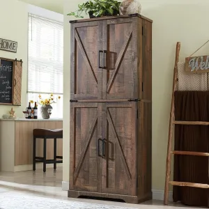 72" Tall Kitchen Pantry, Farmhouse Storage Cabinet with Barn Doors, Organizer, Drawer and Adjustable Shelves, Rustic Wood Cupboard for Kitchen, Dining Room, Bathroom, Rustic Brown