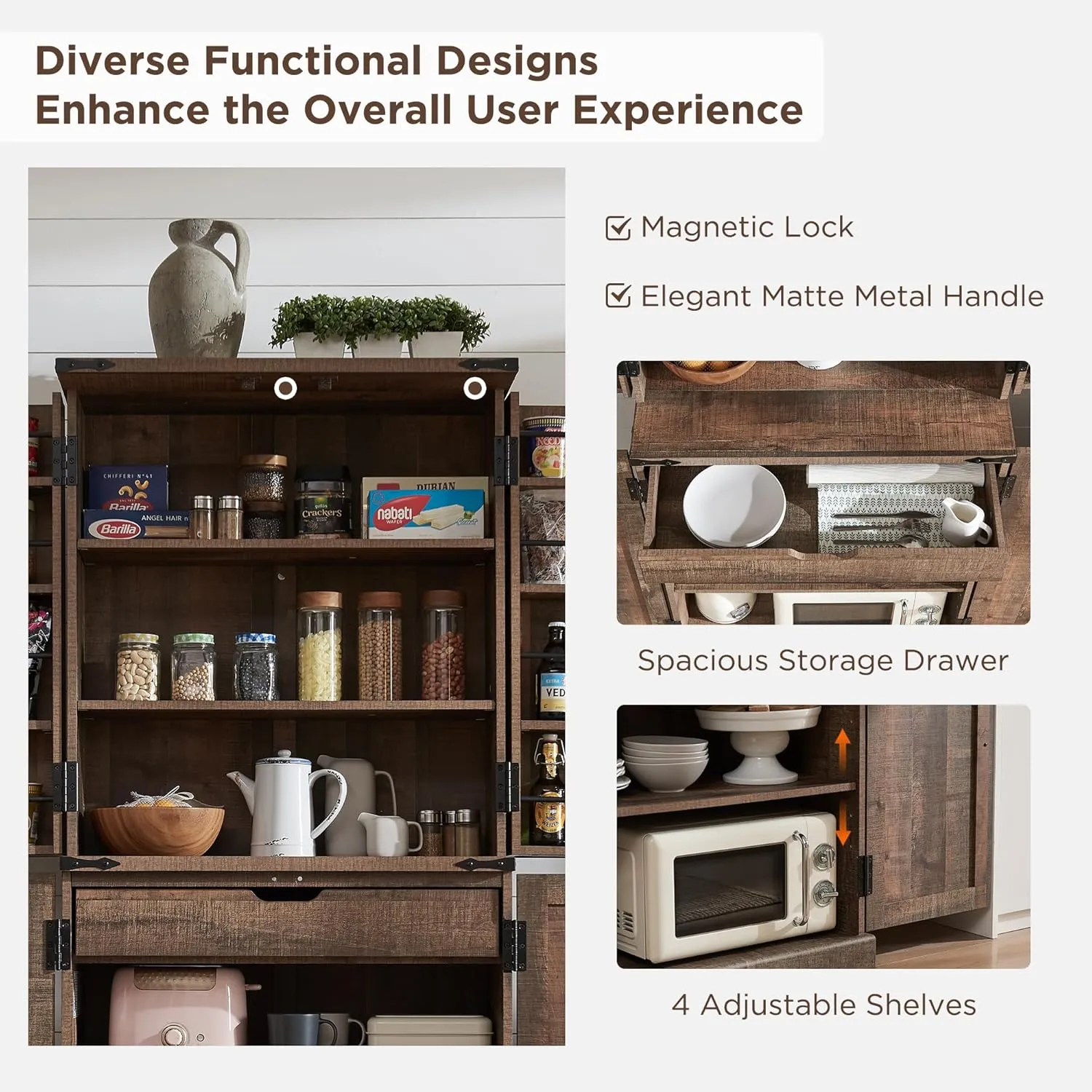 72" Tall Kitchen Pantry, Farmhouse Storage Cabinet with Barn Doors, Organizer, Drawer and Adjustable Shelves, Rustic Wood Cupboard for Kitchen, Dining Room, Bathroom, Rustic Brown