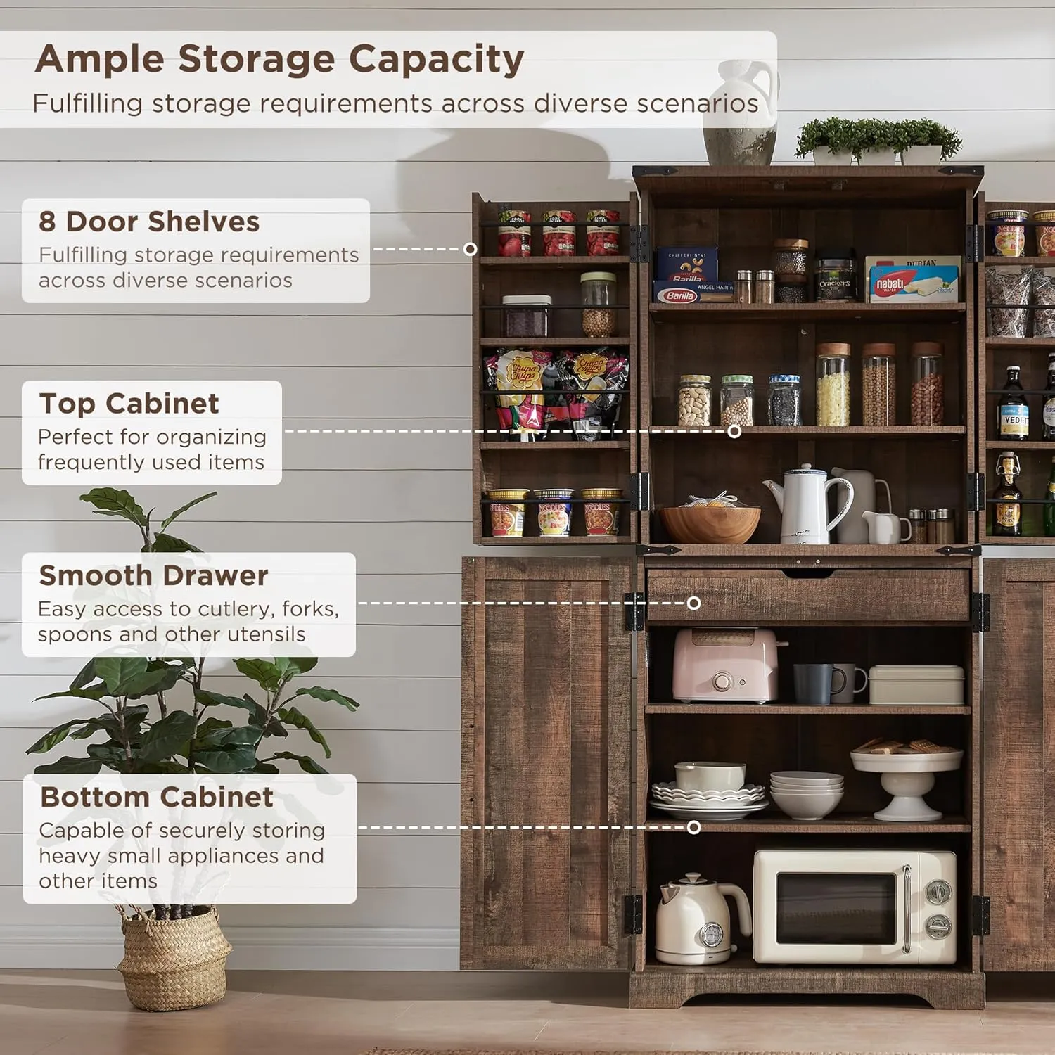 72" Tall Kitchen Pantry, Farmhouse Storage Cabinet with Barn Doors, Organizer, Drawer and Adjustable Shelves, Rustic Wood Cupboard for Kitchen, Dining Room, Bathroom, Rustic Brown