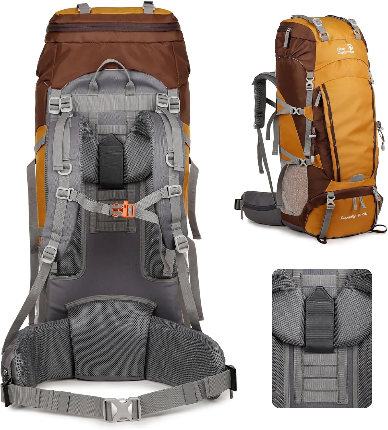 75L 7 Level Adjustable Internal Frame Hiking Backpack for Men Women, Backpacking Backpack with Detachable Belt, Waterproof Camping Backpack with Rain Cover for Trekking, Yellow