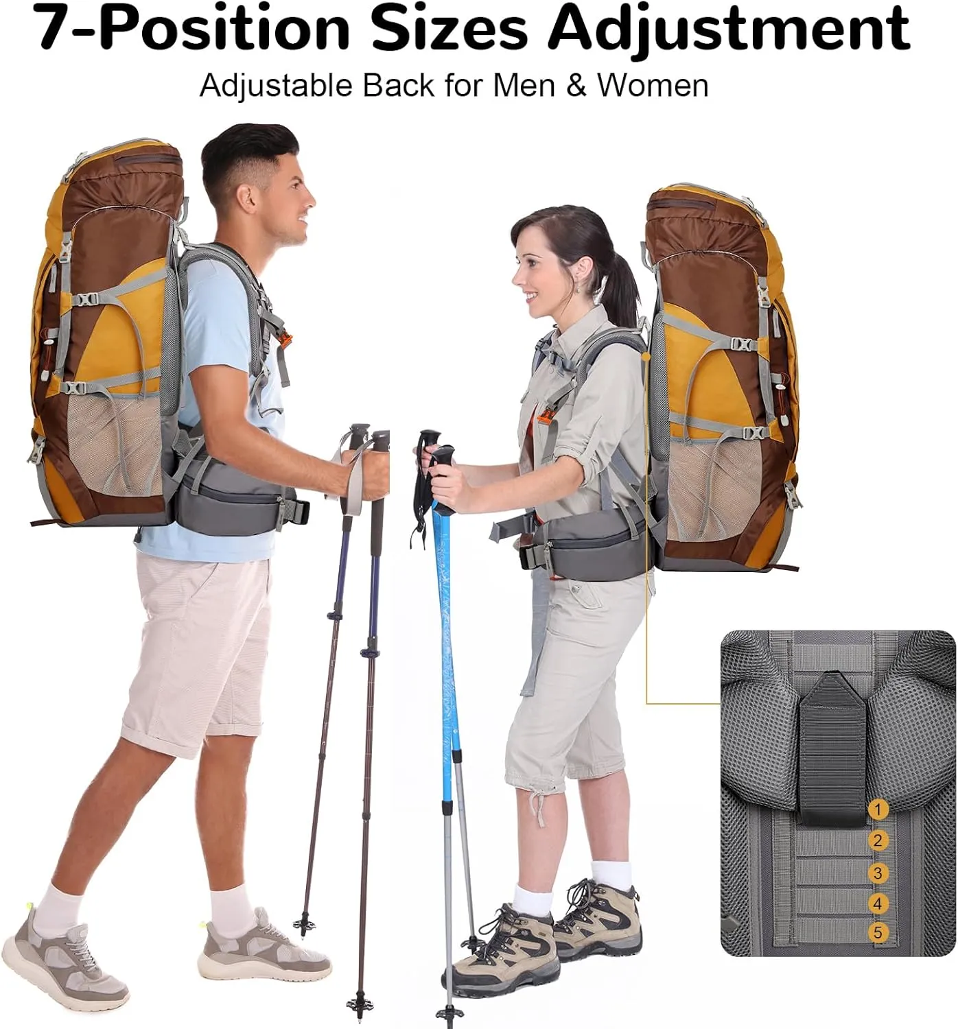 75L 7 Level Adjustable Internal Frame Hiking Backpack for Men Women, Backpacking Backpack with Detachable Belt, Waterproof Camping Backpack with Rain Cover for Trekking, Yellow